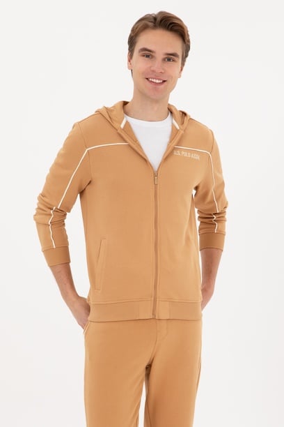 Erkek Regular Fit Fermuarlı Kapüşonlu Camel Örme Hırka