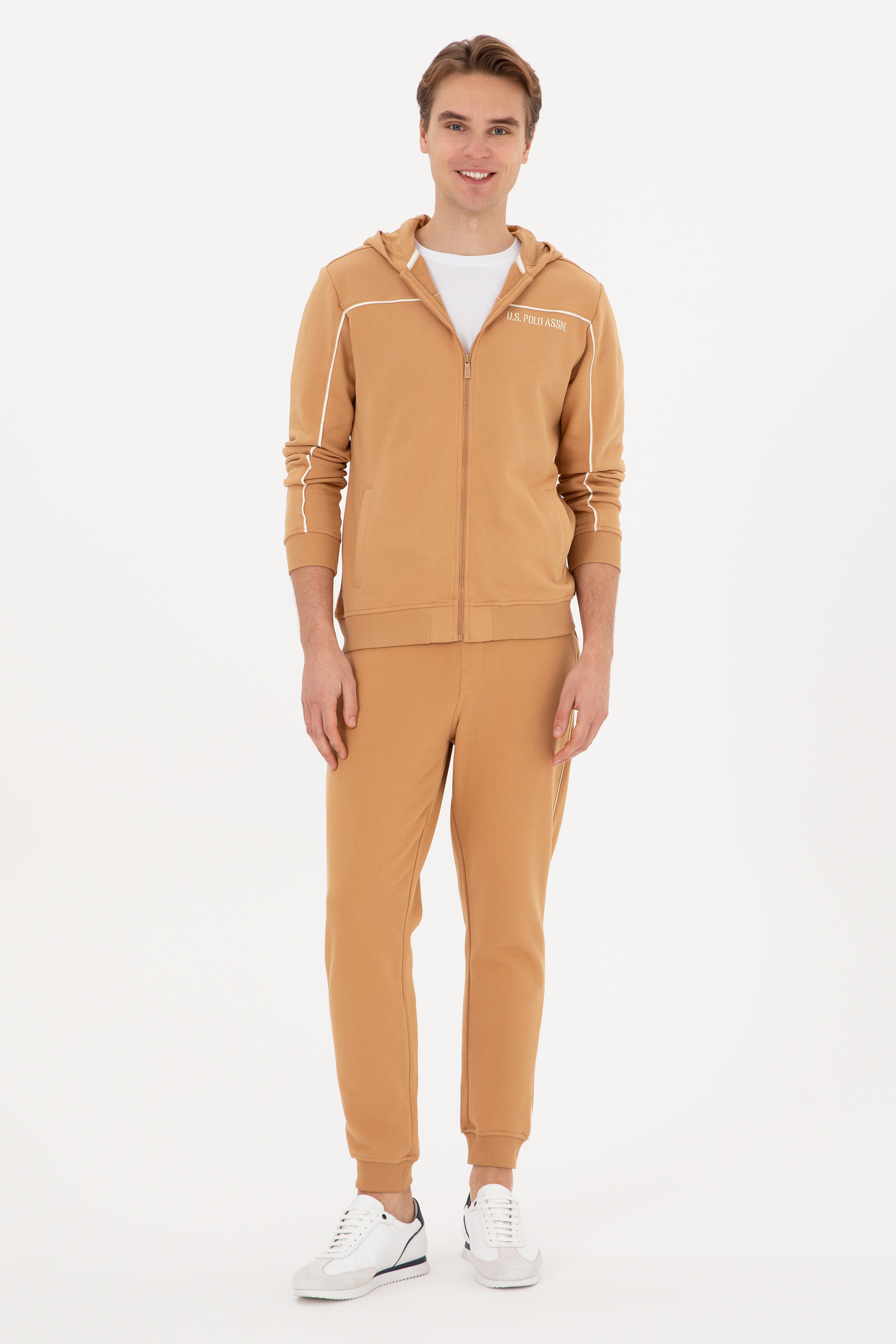 Erkek Regular Fit Fermuarlı Kapüşonlu Camel Örme Hırka