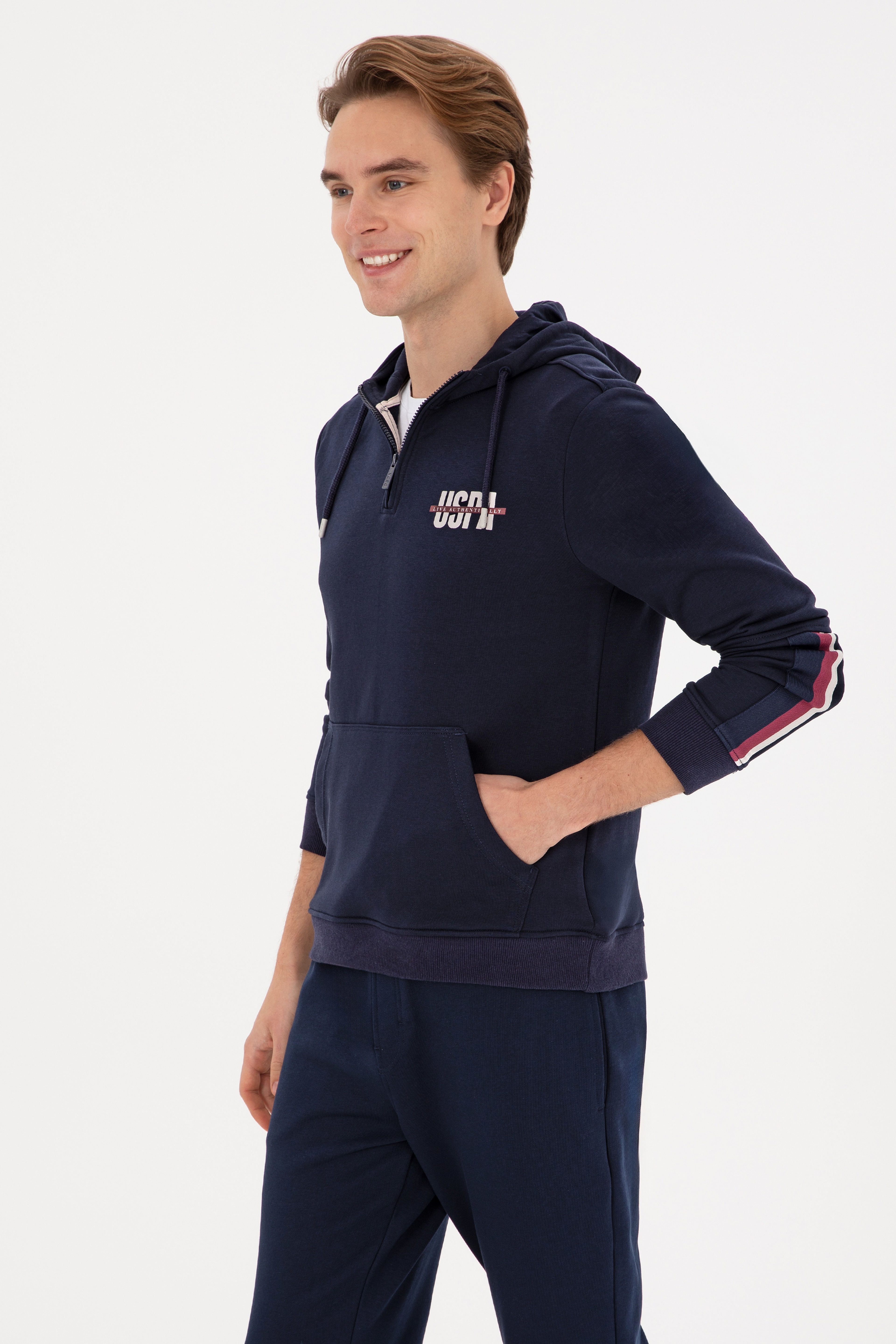 Erkek Regular Fit Yarım Fermuarlı Kapüşonlu Lacivert Sweatshirt - Image 3