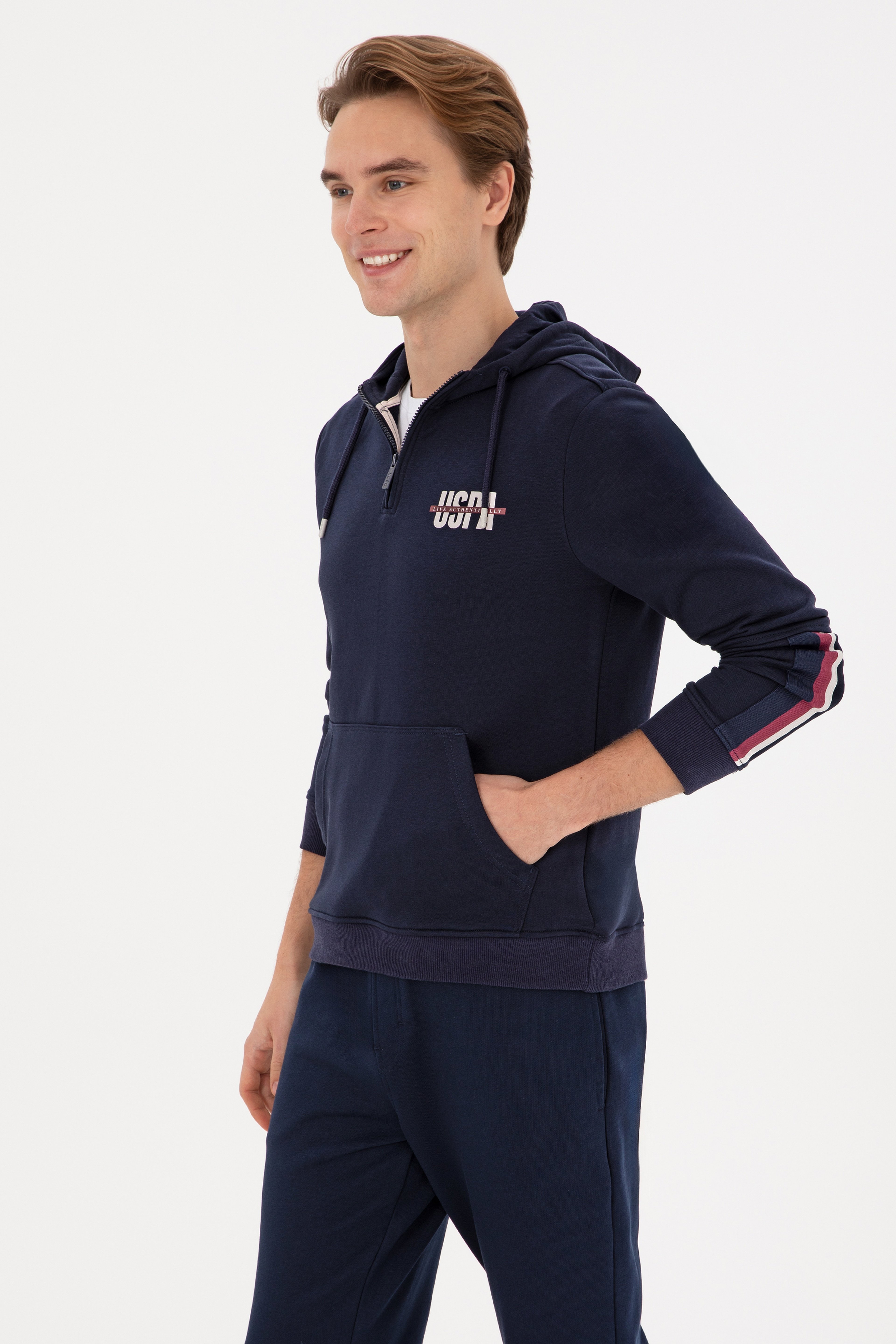 Erkek Regular Fit Yarım Fermuarlı Kapüşonlu Lacivert Sweatshirt