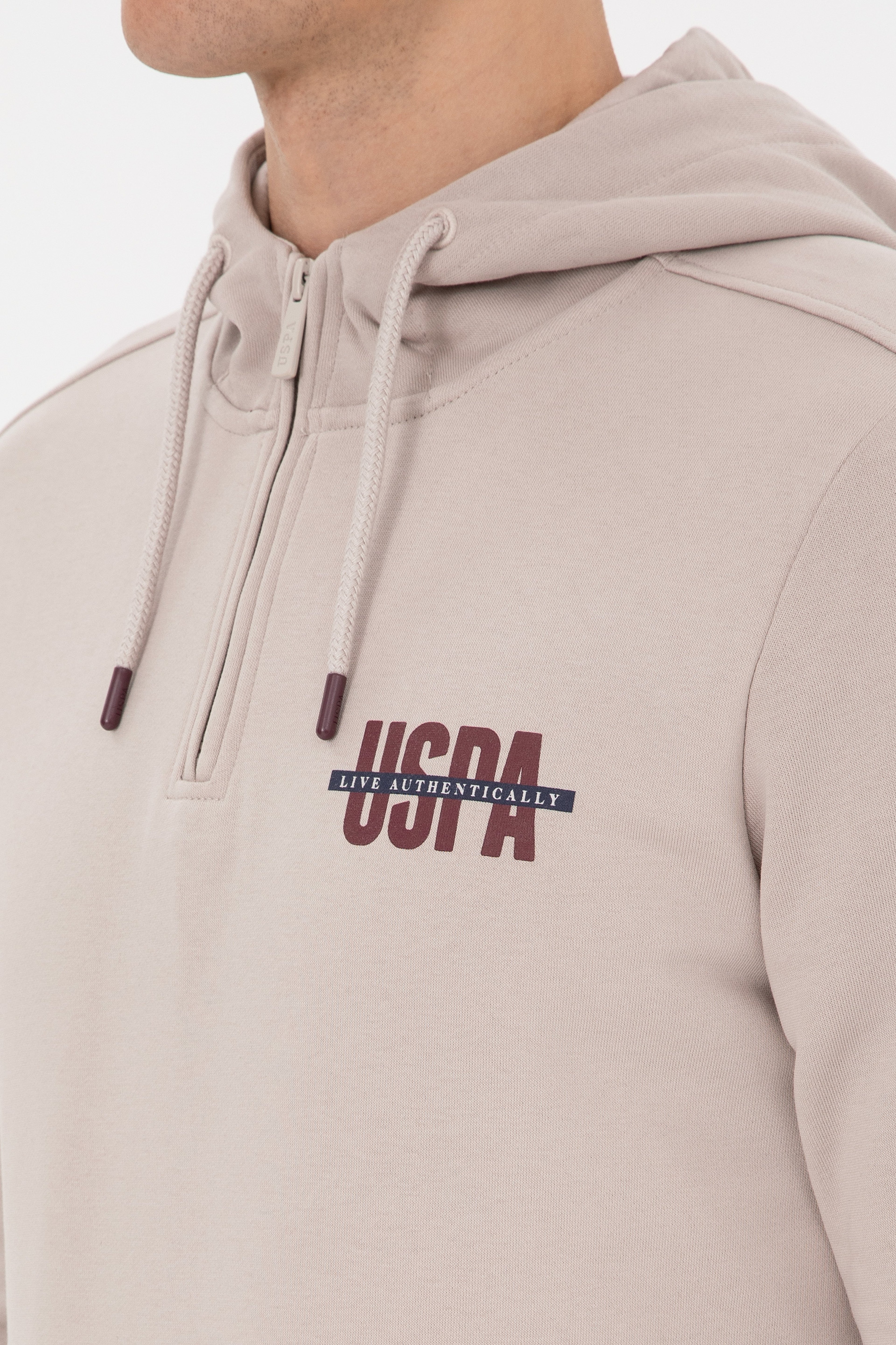 Erkek Regular Fit Yarım Fermuarlı Kapüşonlu Taş Sweatshirt