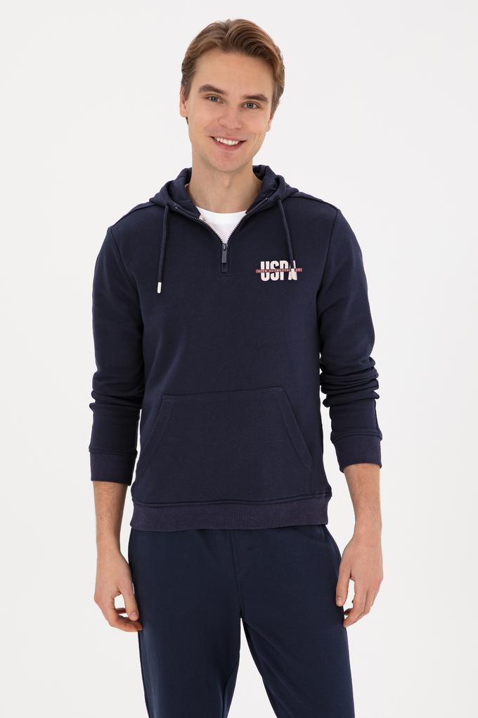 Erkek Regular Fit Yarım Fermuarlı Kapüşonlu Lacivert Sweatshirt