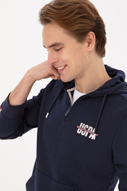 Erkek Regular Fit Yarım Fermuarlı Kapüşonlu Lacivert Sweatshirt