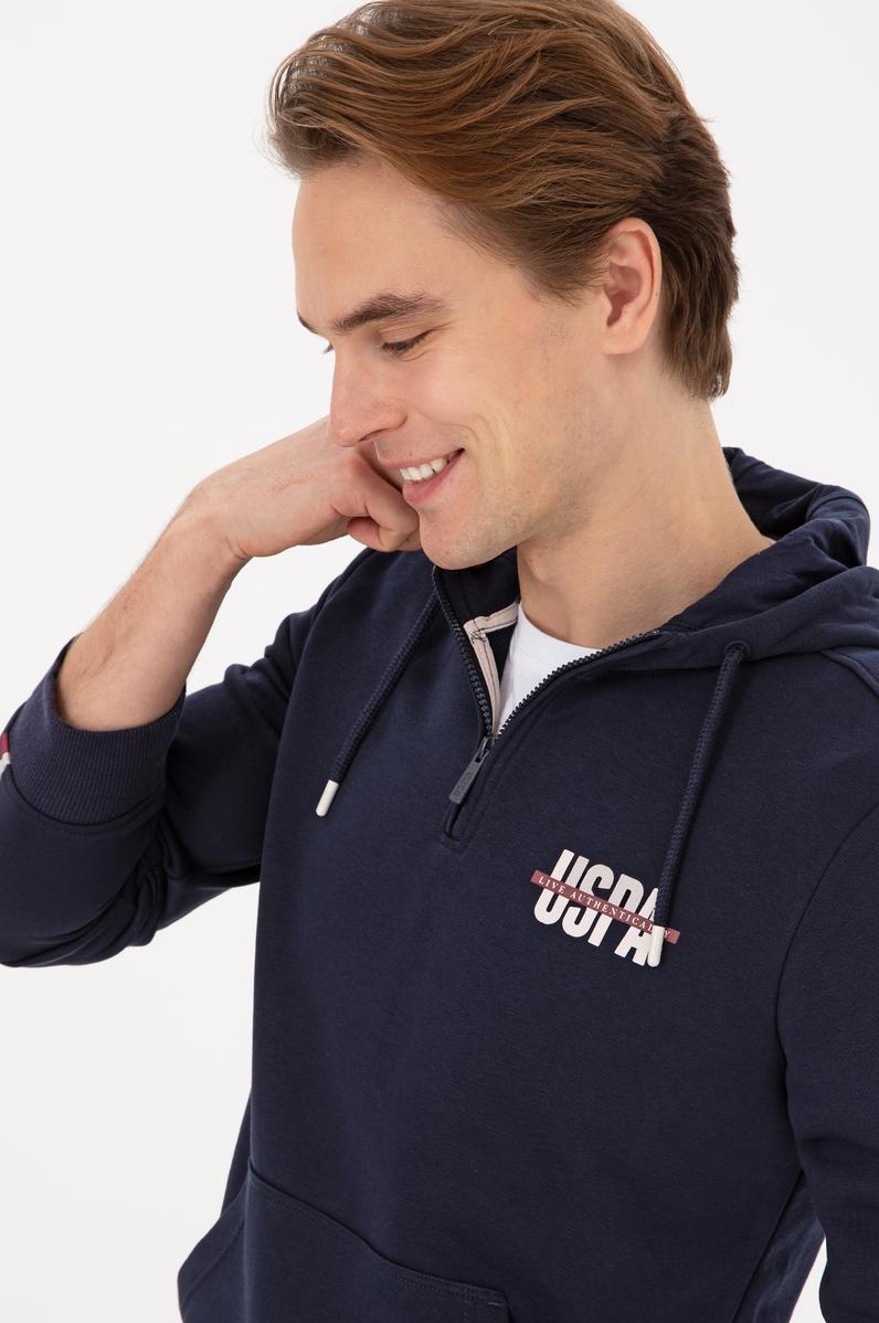 Erkek Regular Fit Yarım Fermuarlı Kapüşonlu Lacivert Sweatshirt