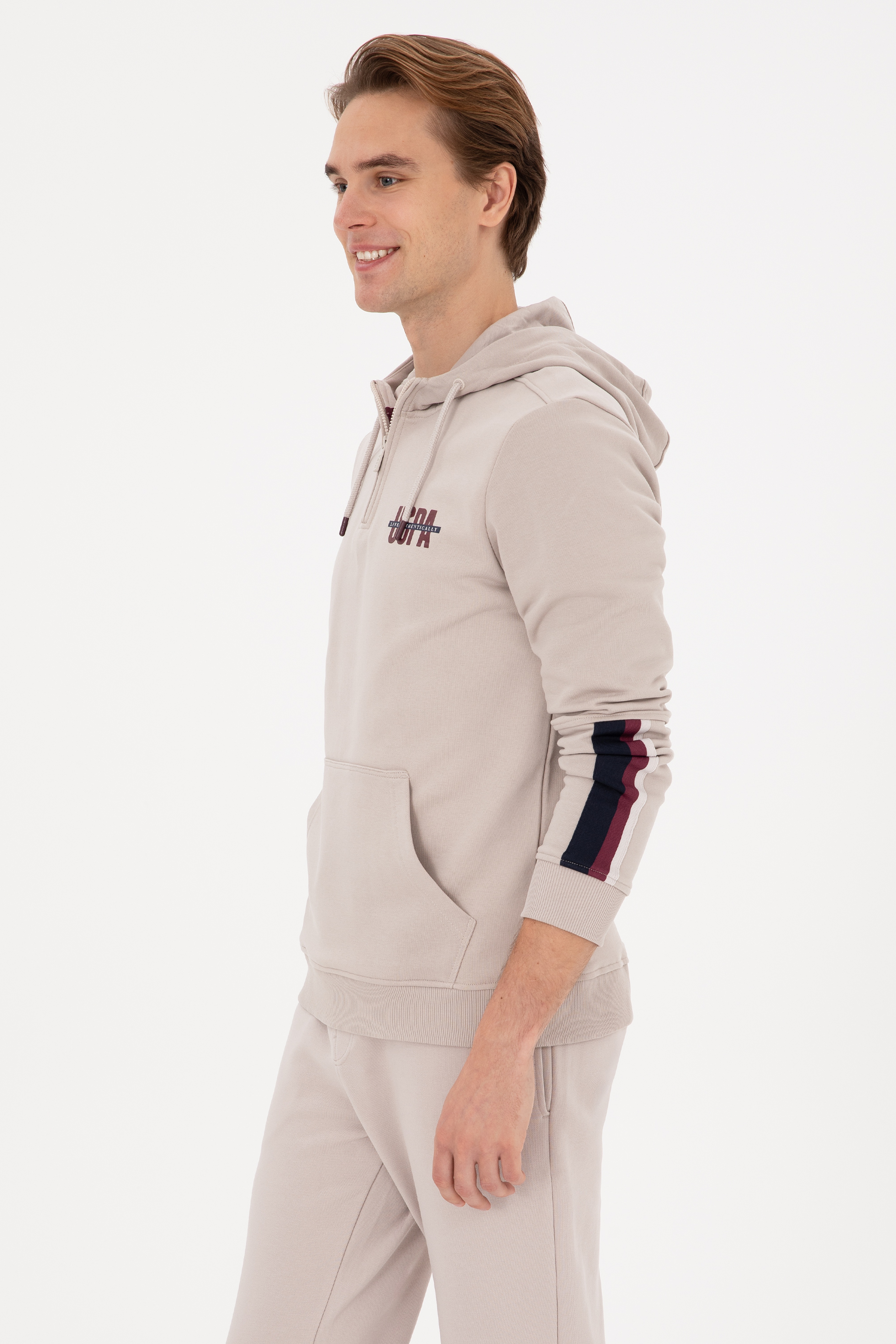 Erkek Regular Fit Yarım Fermuarlı Kapüşonlu Taş Sweatshirt - Image 3