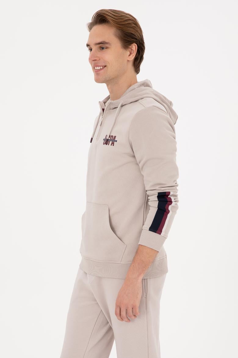 Erkek Regular Fit Yarım Fermuarlı Kapüşonlu Taş Sweatshirt - 50315525037