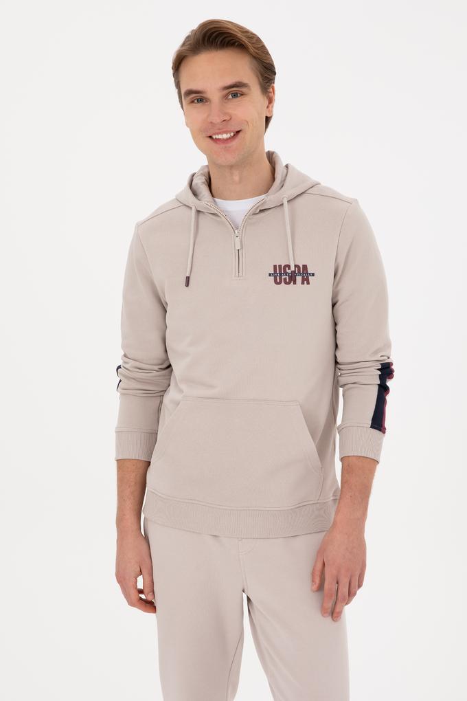 Erkek Regular Fit Yarım Fermuarlı Kapüşonlu Taş Sweatshirt