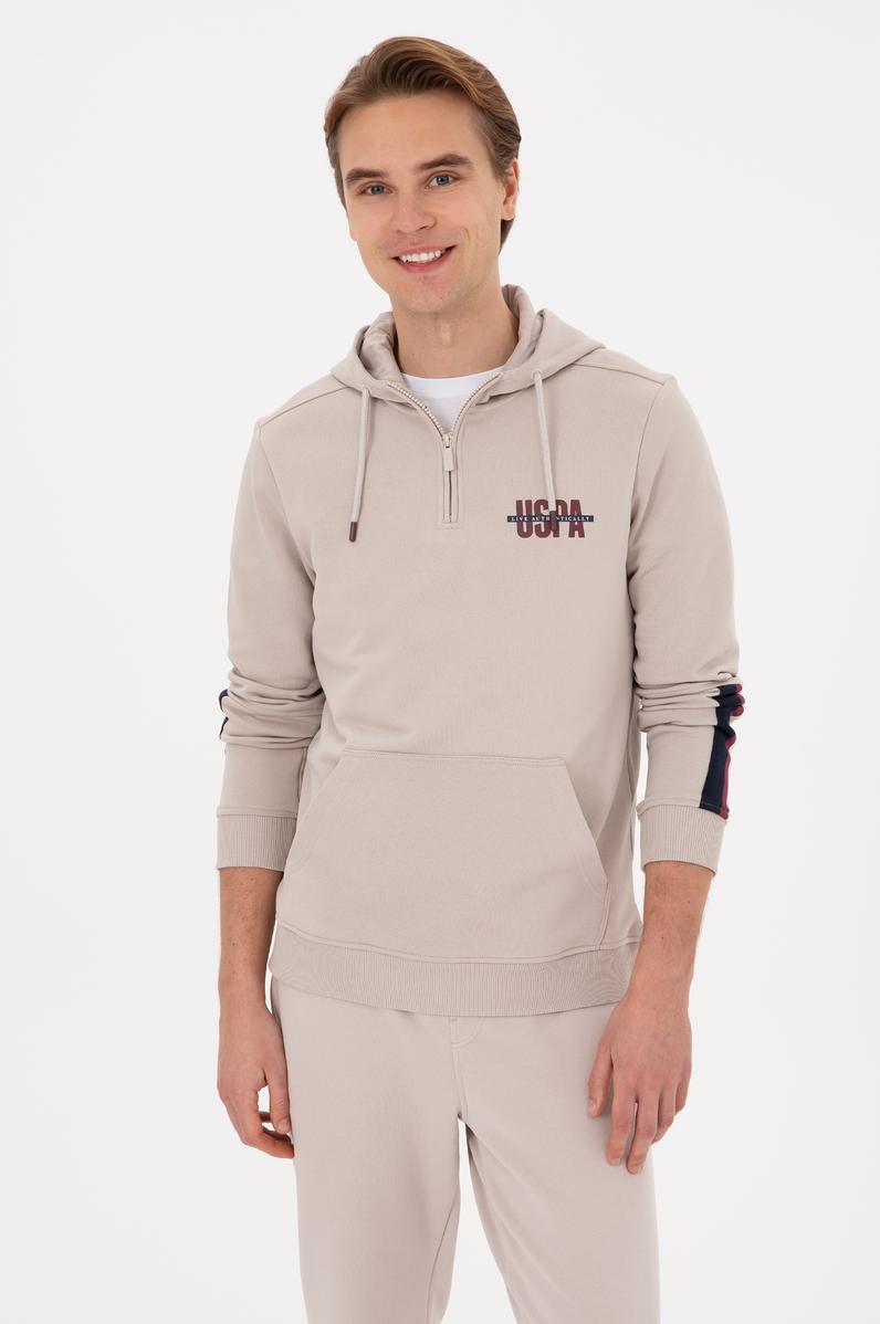 Erkek Regular Fit Yarım Fermuarlı Kapüşonlu Taş Sweatshirt