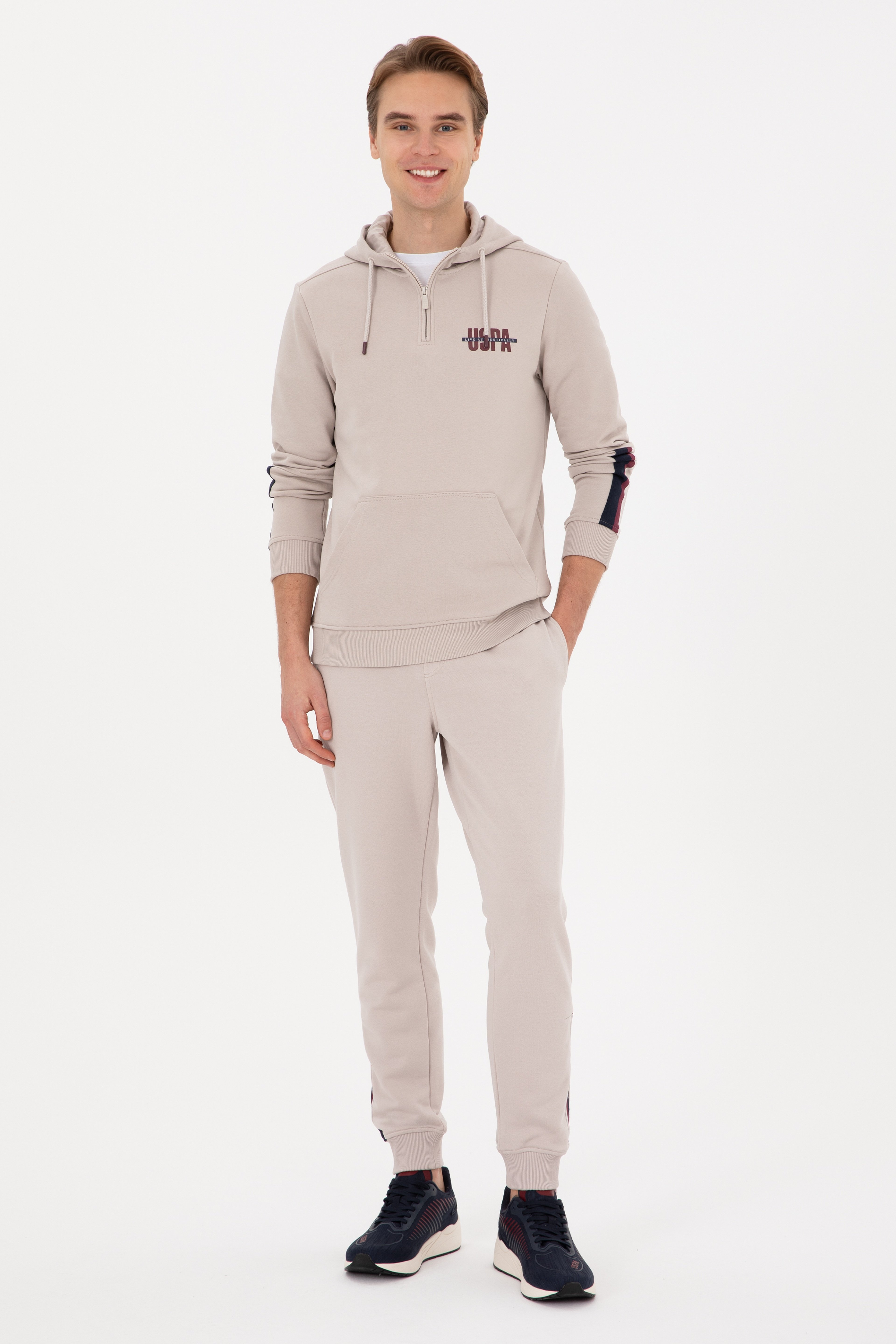 Erkek Regular Fit Yarım Fermuarlı Kapüşonlu Taş Sweatshirt - Image 4