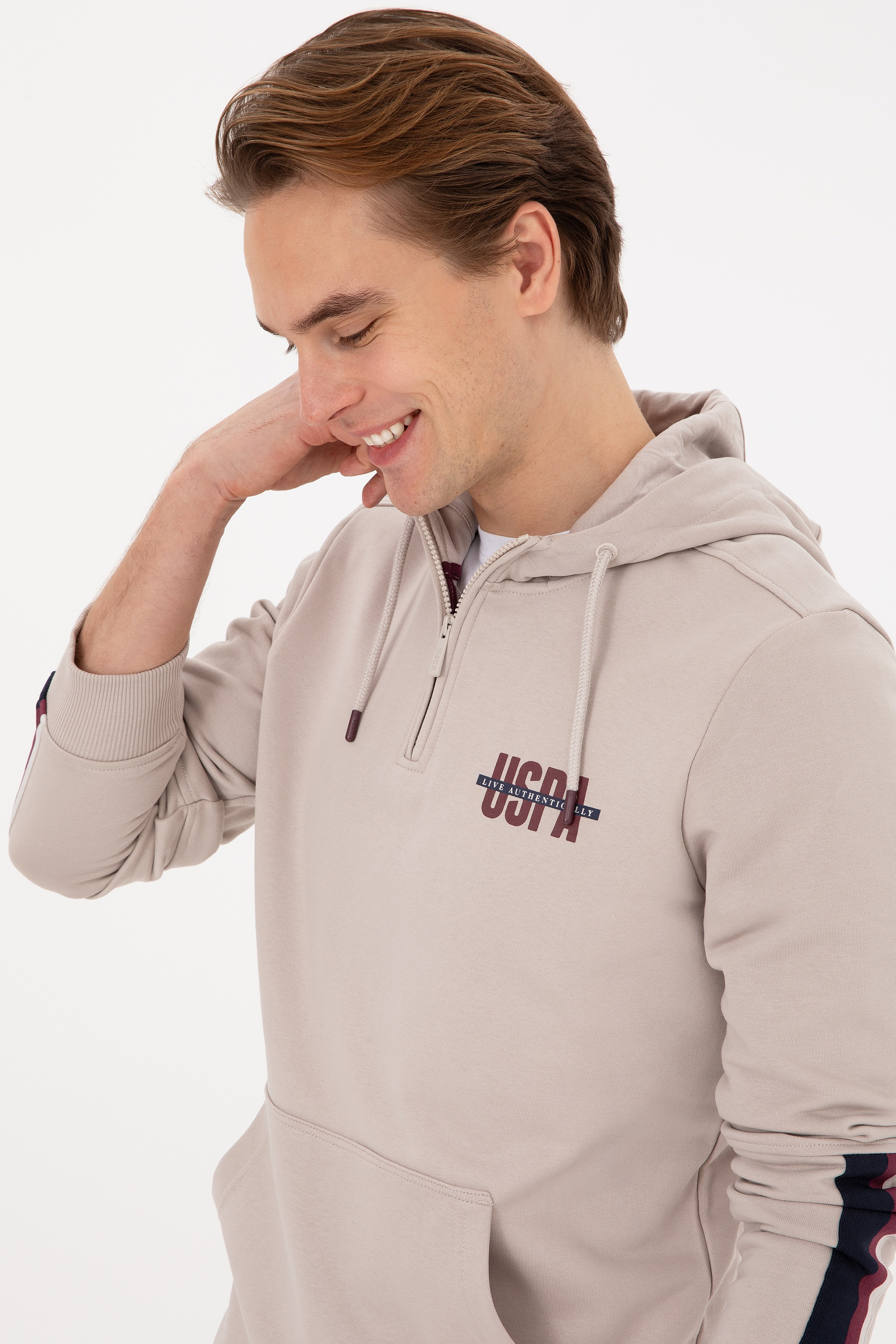 Erkek Regular Fit Yarım Fermuarlı Kapüşonlu Taş Sweatshirt - Image 2