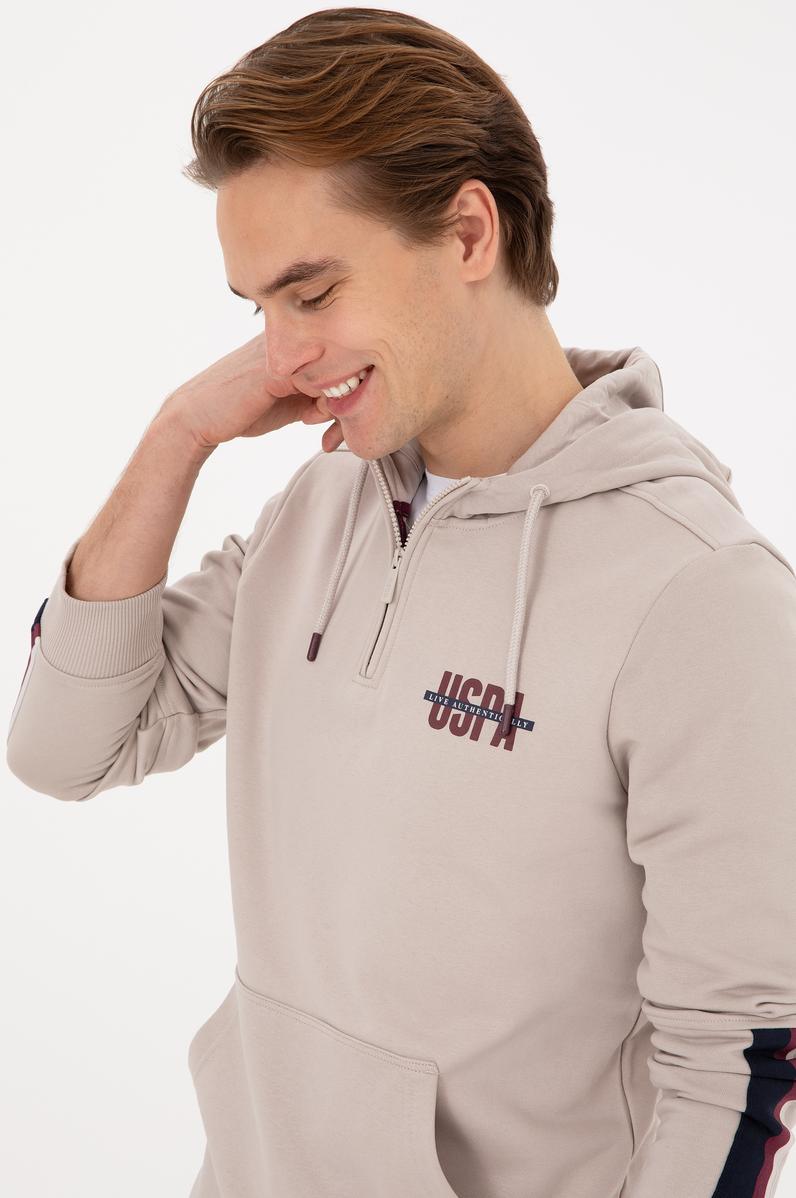 Erkek Regular Fit Yarım Fermuarlı Kapüşonlu Taş Sweatshirt