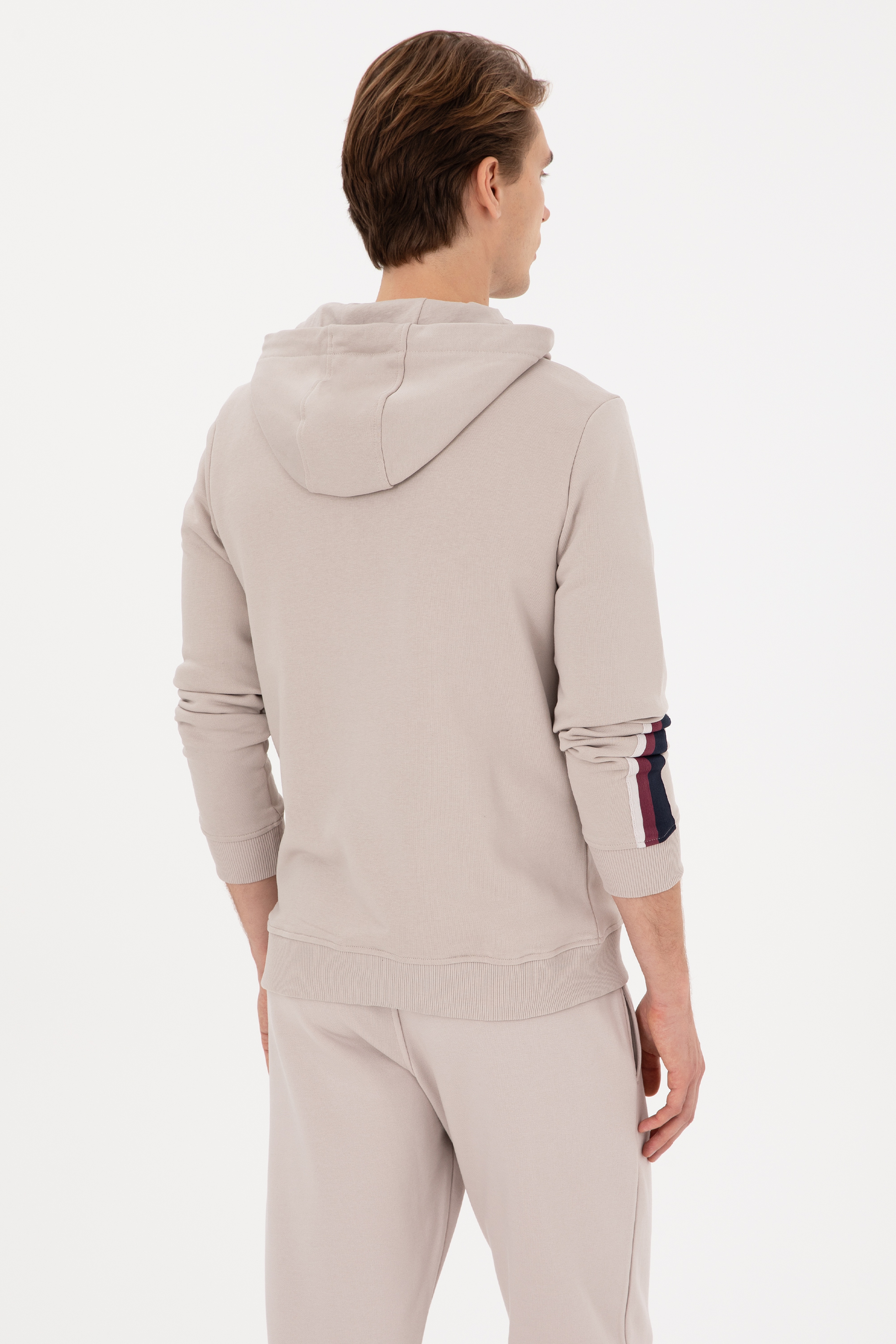 Erkek Regular Fit Yarım Fermuarlı Kapüşonlu Taş Sweatshirt - Image 5