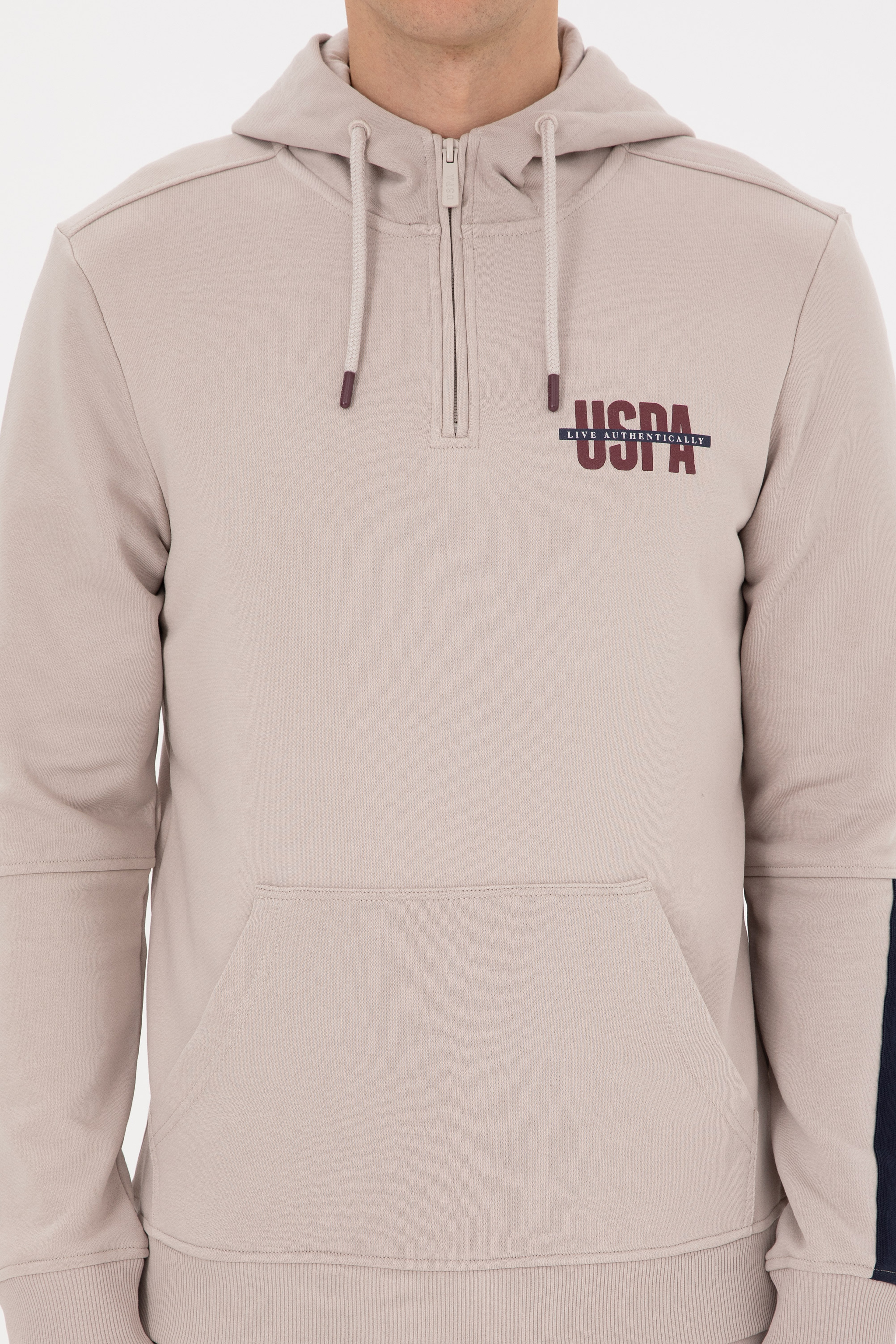 Erkek Regular Fit Yarım Fermuarlı Kapüşonlu Taş Sweatshirt