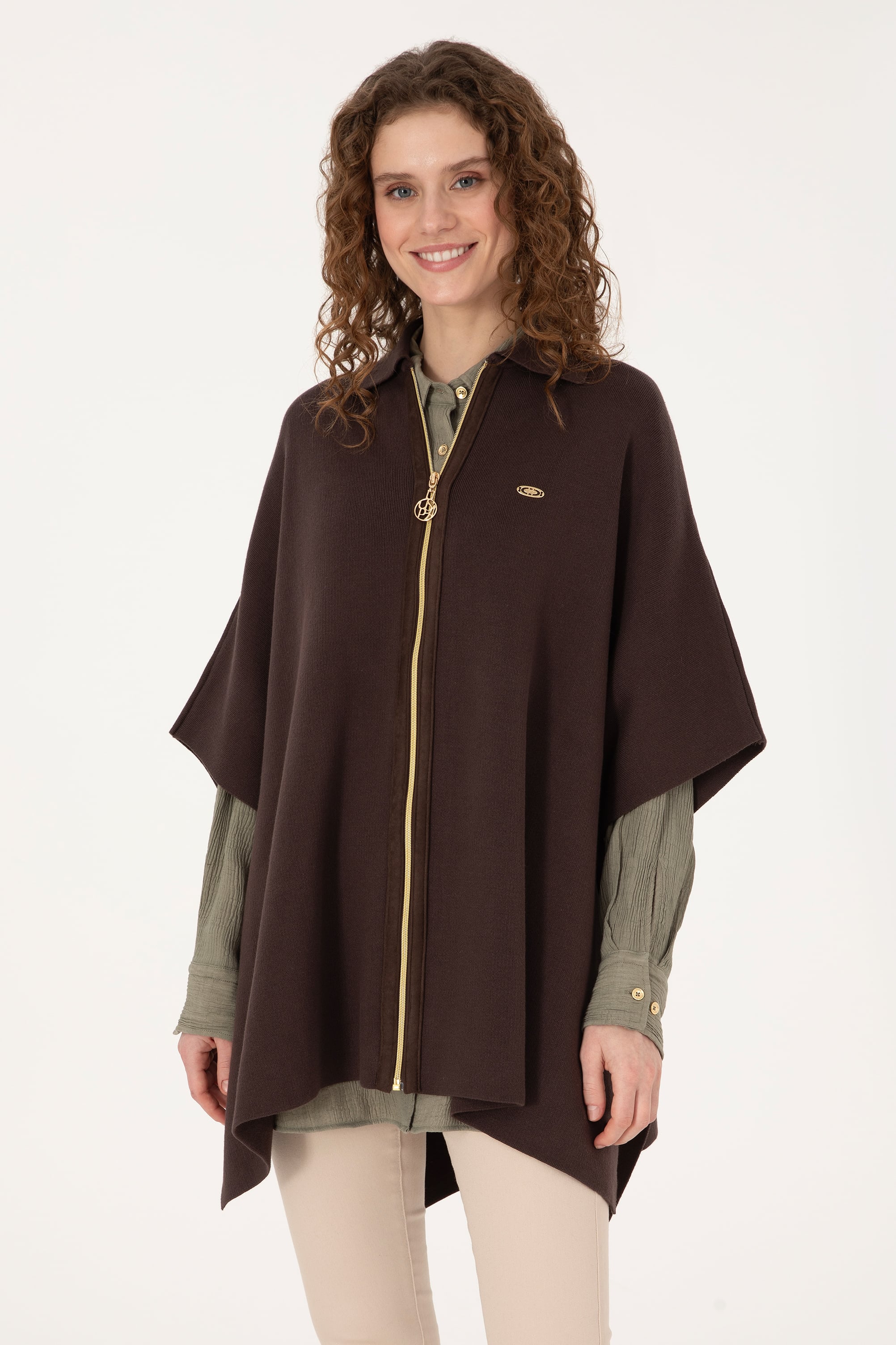 Kadın Koyu Kahverengi Triko Panço - 50310234003