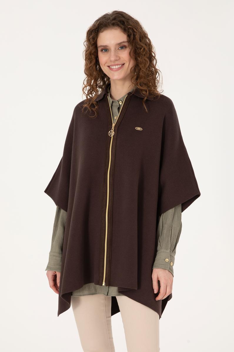 Kadın Koyu Kahverengi Triko Panço