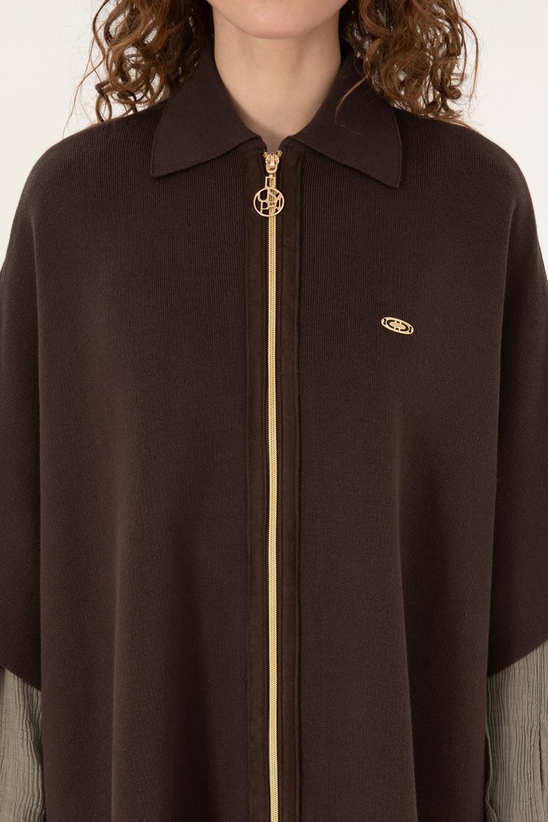 Kadın Koyu Kahverengi Triko Panço - 50310234003