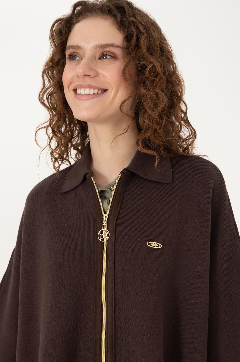 Kadın Koyu Kahverengi Triko Panço