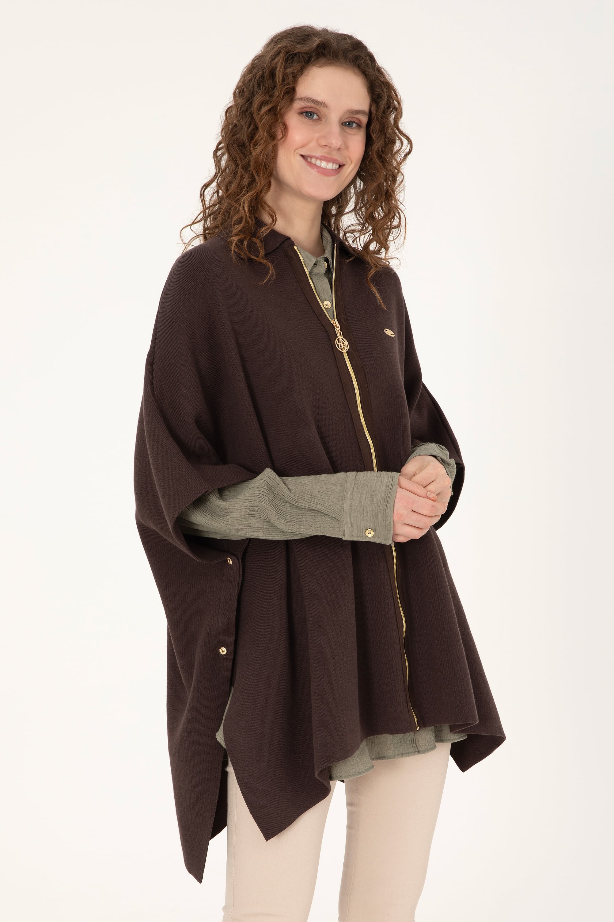 Kadın Koyu Kahverengi Triko Panço - 50310234003