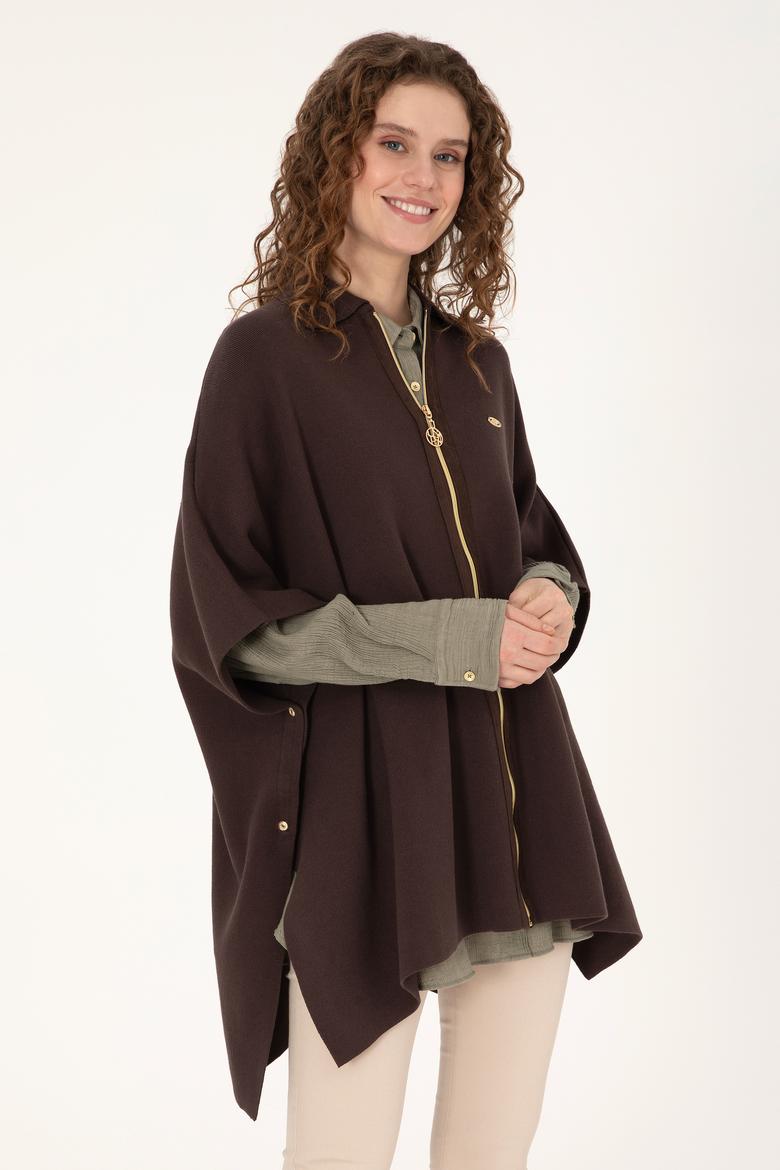 Kadın Koyu Kahverengi Triko Panço - 50310234003