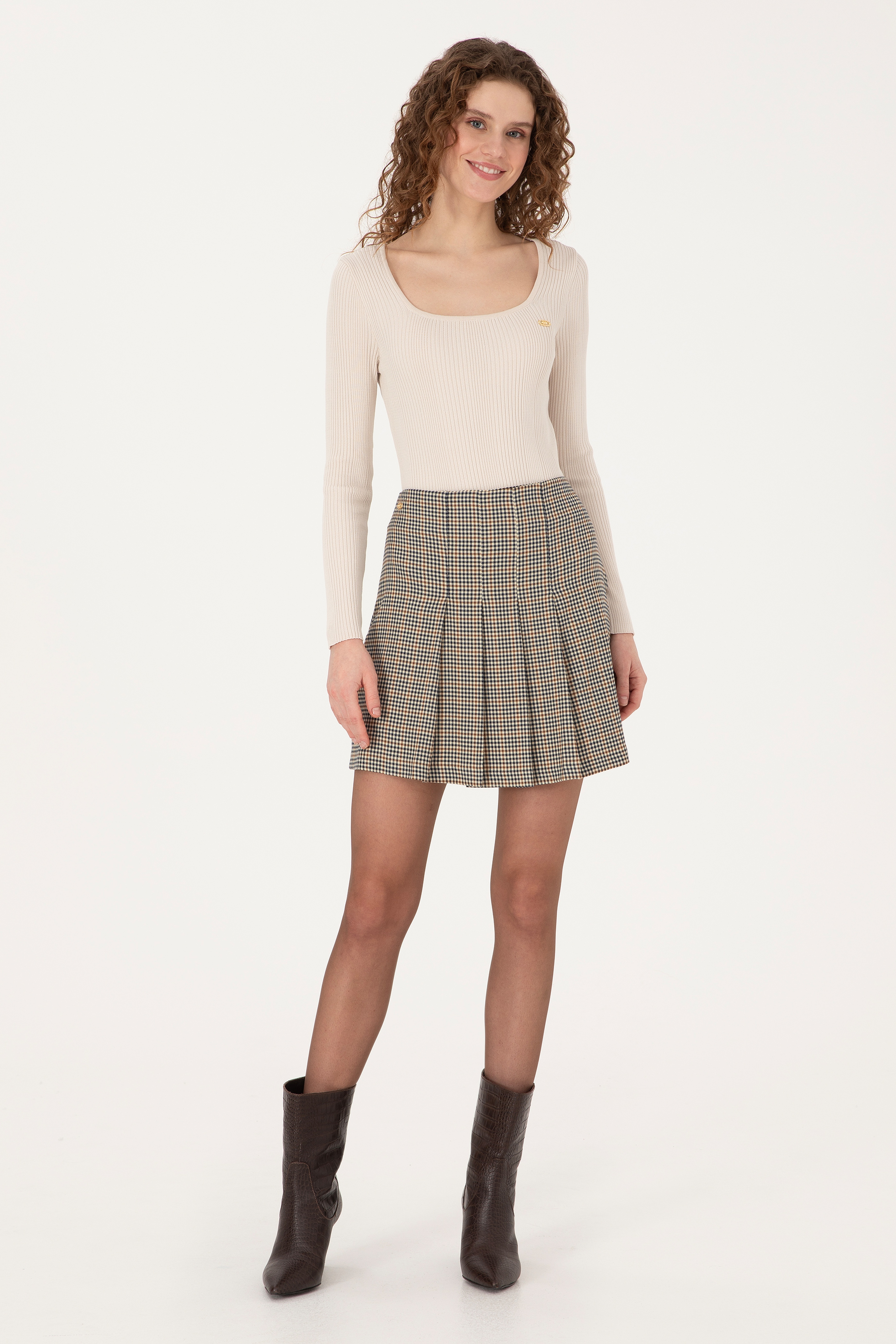 Kadın Kahverengi Kareli Mini Boy Etek - Image 3