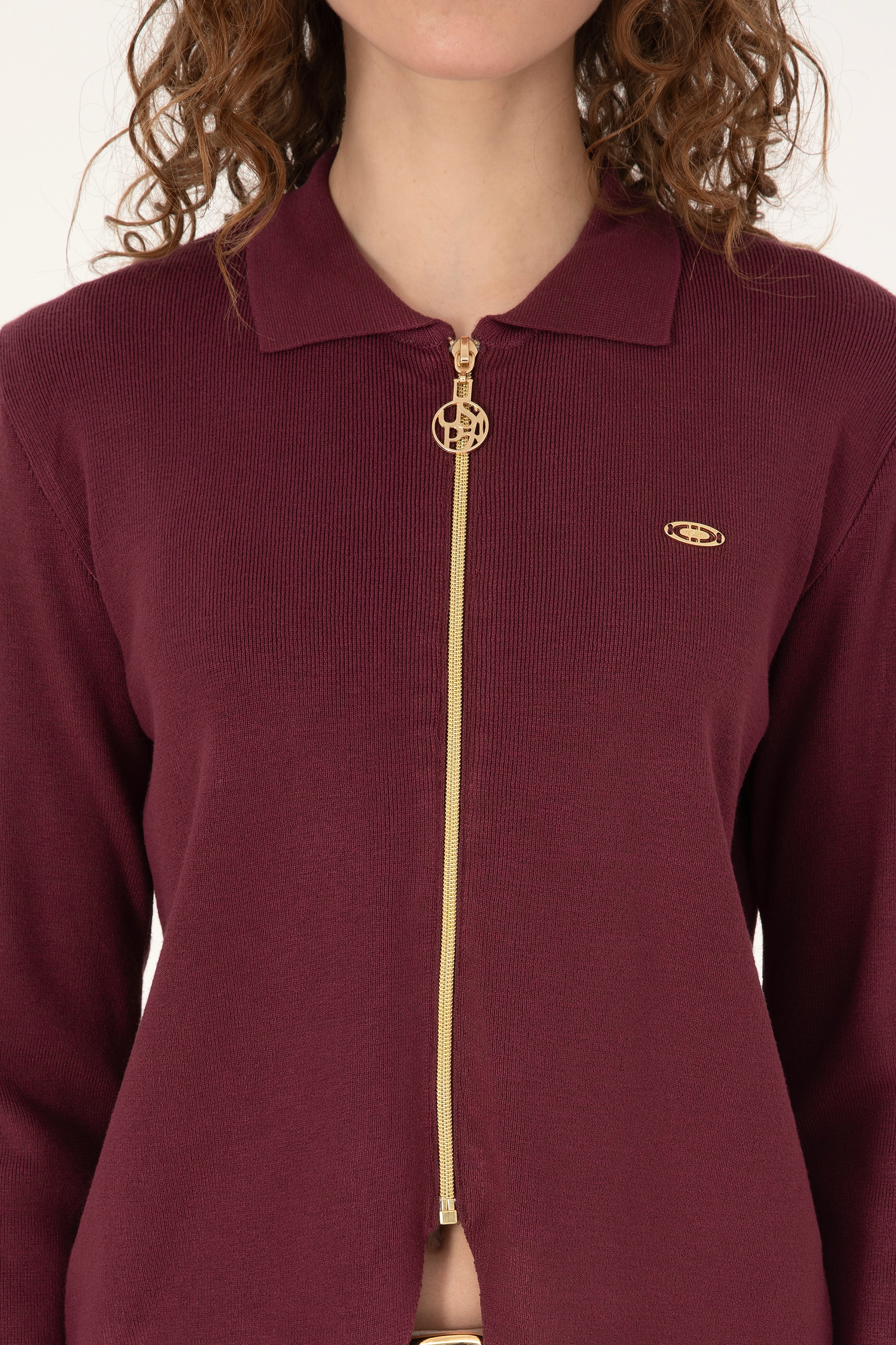 Kadın Bordo Fermuarlı Polo Yaka Triko Hırka - Image 6