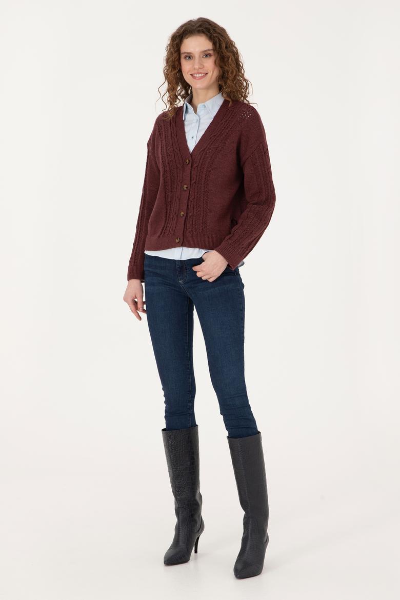 Kadın Bordo Triko Hırka - 50309657008