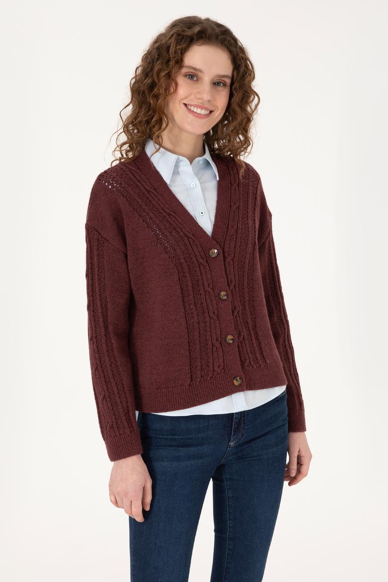 Kadın Bordo Triko Hırka - 50309657008