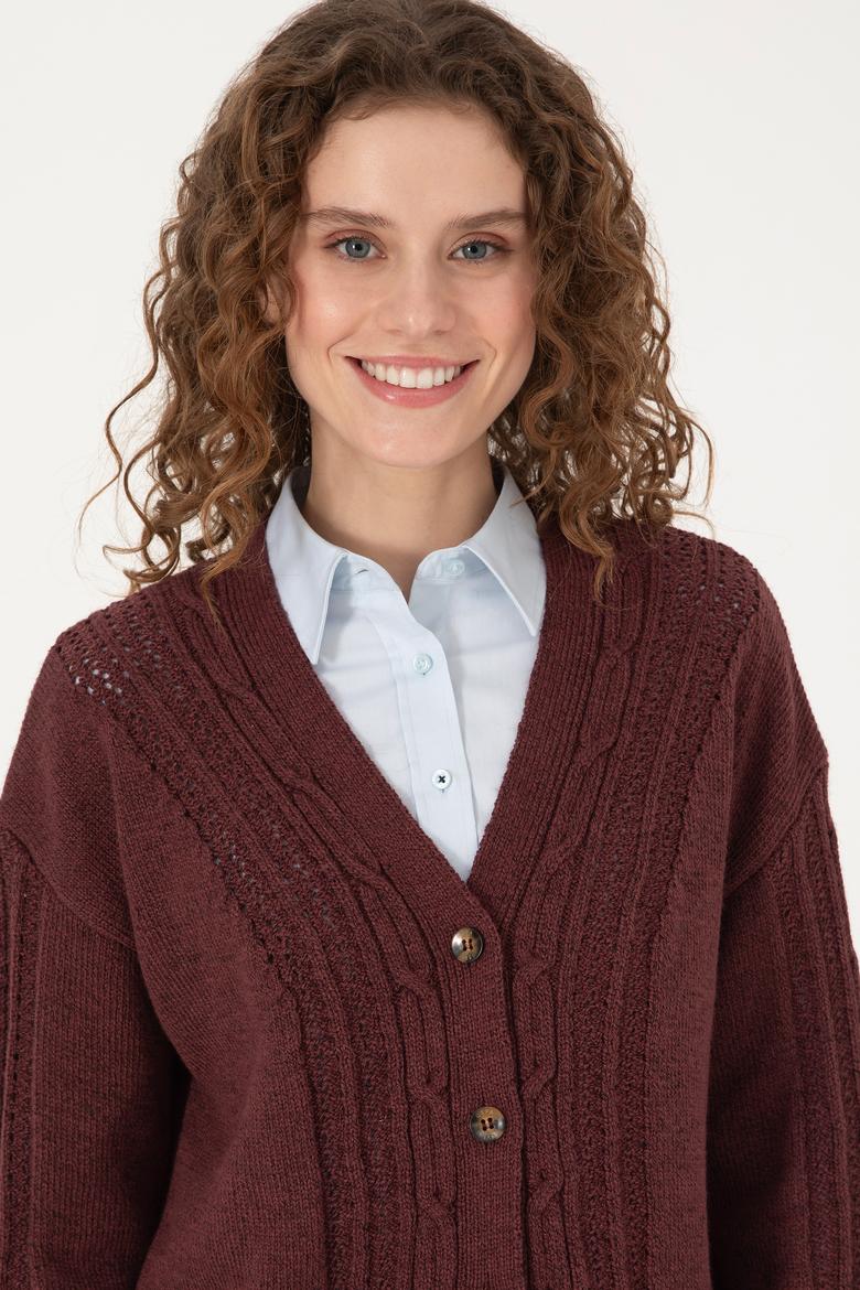 Kadın Bordo Triko Hırka - 50309657008