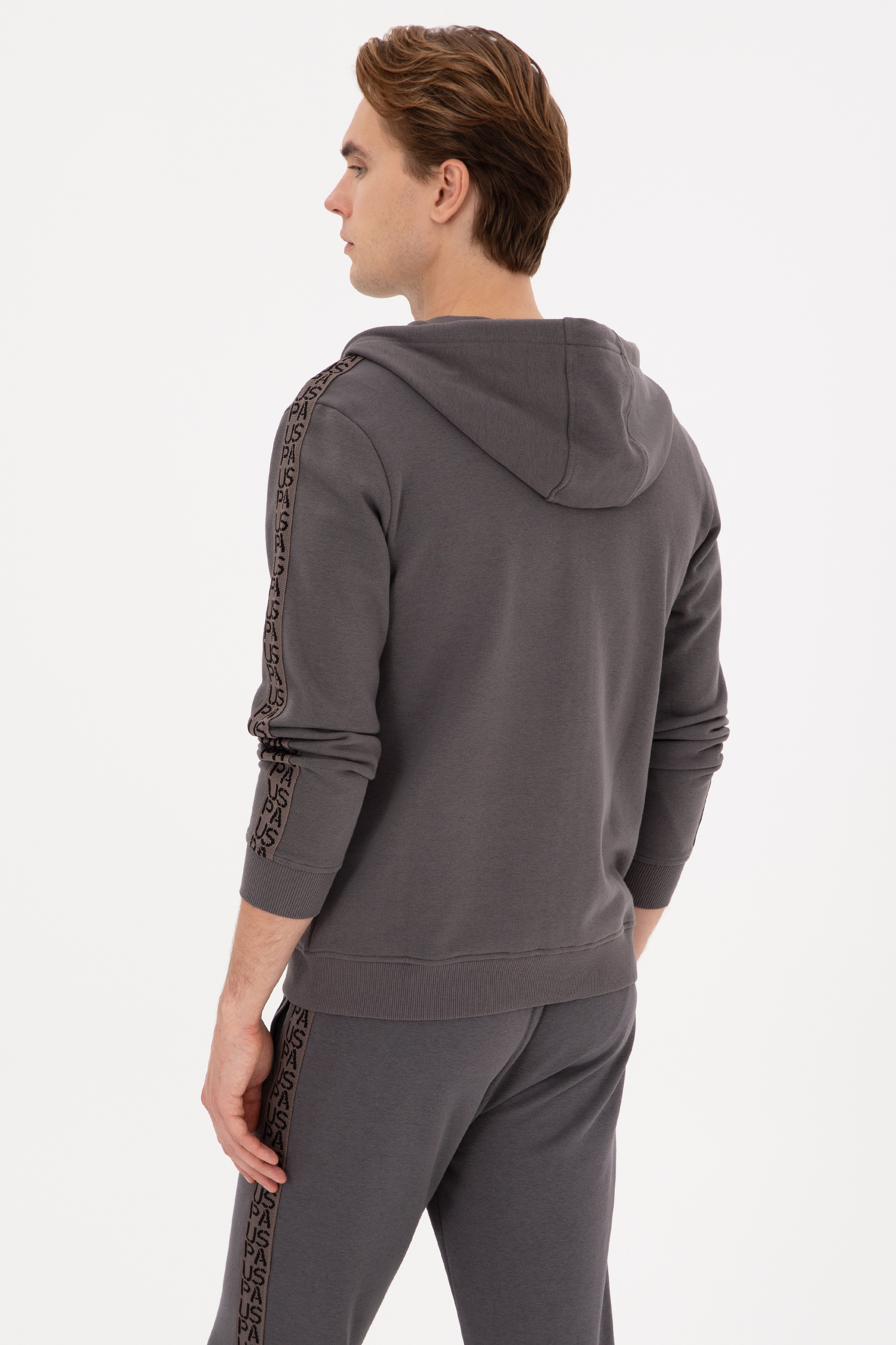 Erkek Regular Fit Fermuarlı Kapüşonlu Şeritli Gri Örme Hırka - Image 5