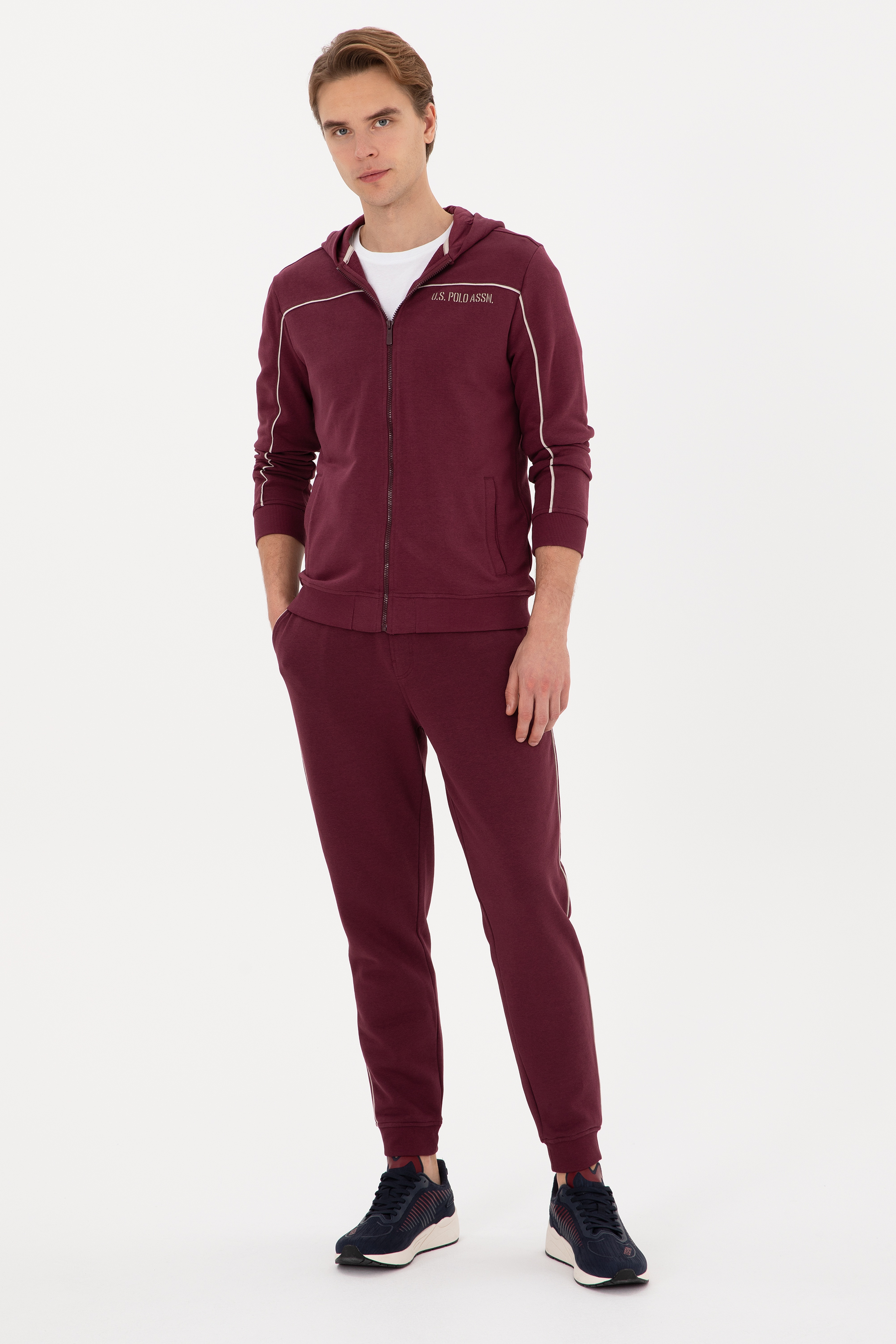 Erkek Regular Fit Fermuarlı Kapüşonlu Bordo Örme Hırka