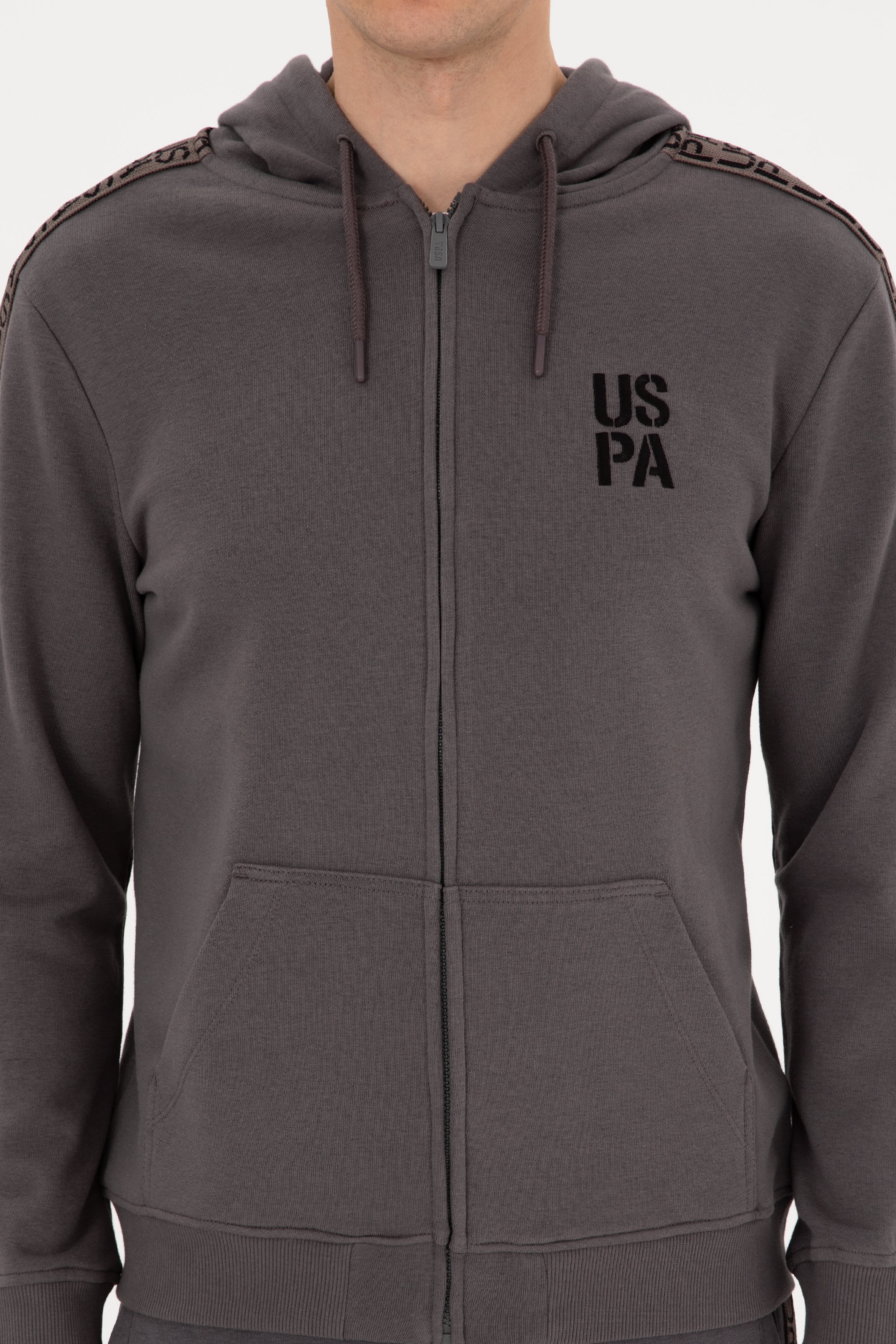 Erkek Regular Fit Fermuarlı Kapüşonlu Şeritli Gri Örme Hırka - Image 6