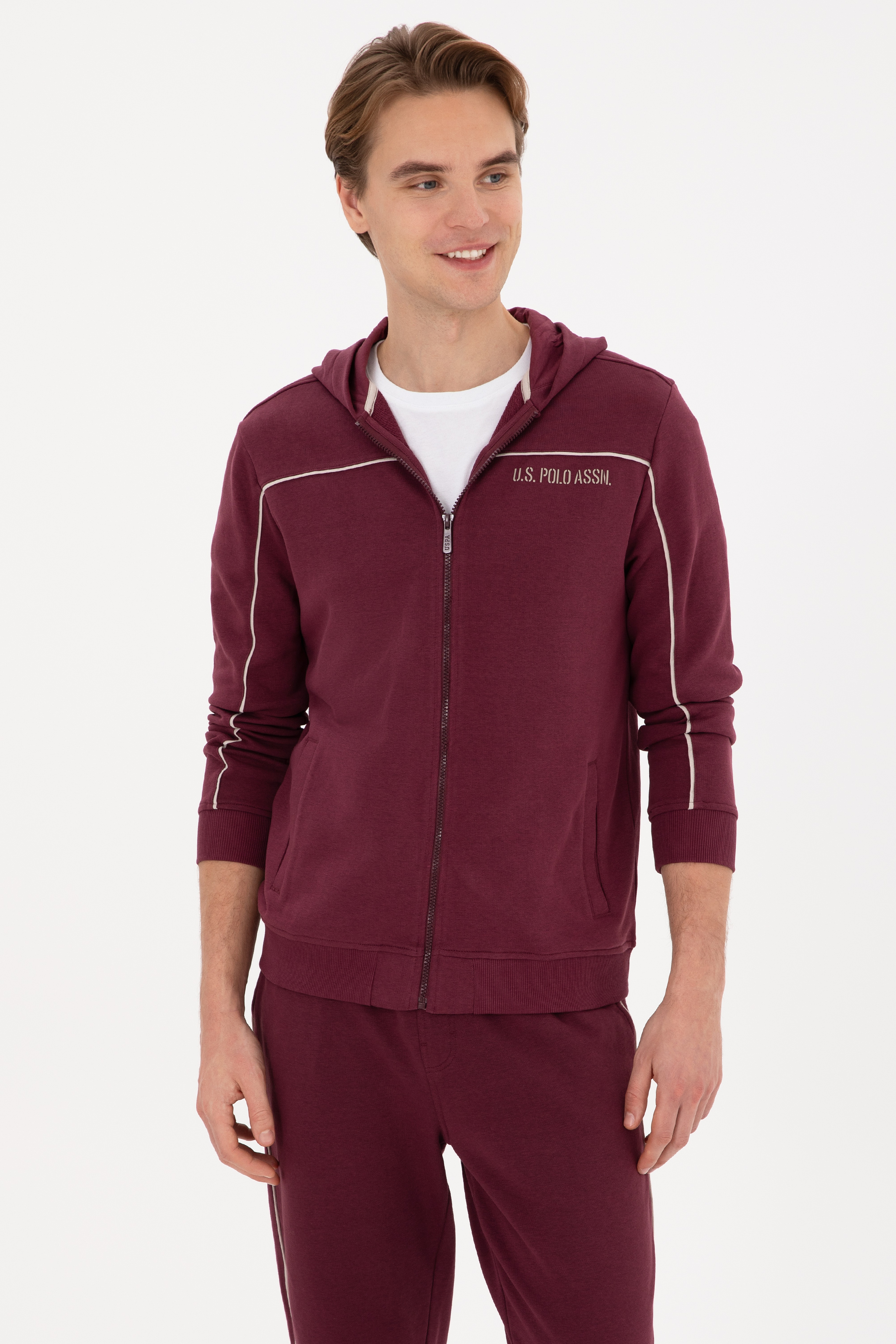 Erkek Regular Fit Fermuarlı Kapüşonlu Bordo Örme Hırka