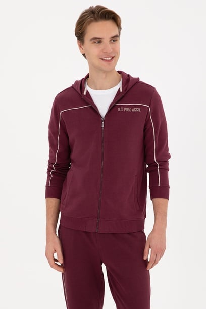 Erkek Regular Fit Fermuarlı Kapüşonlu Bordo Örme Hırka