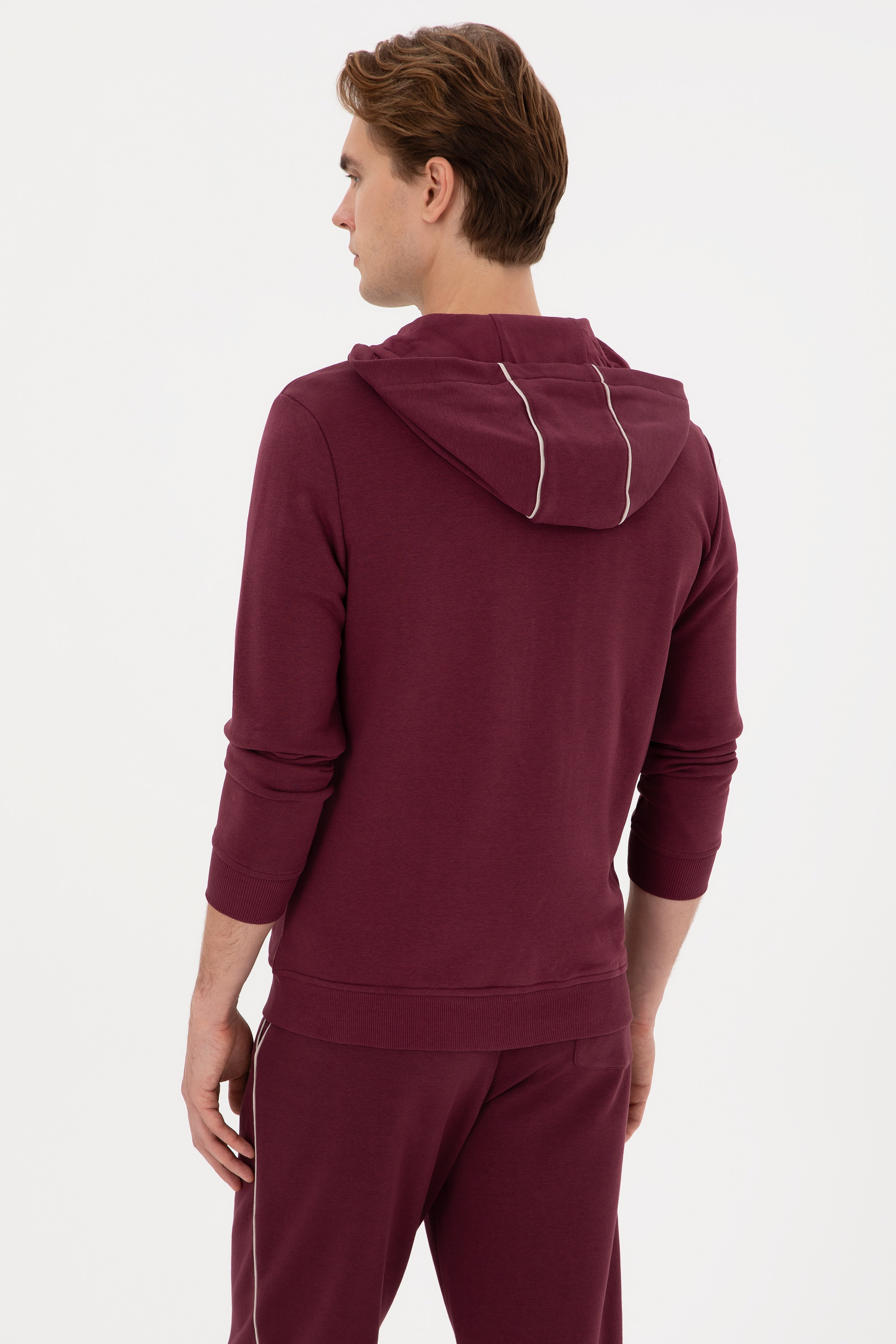 Erkek Regular Fit Fermuarlı Kapüşonlu Bordo Örme Hırka