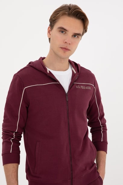 Erkek Regular Fit Fermuarlı Kapüşonlu Bordo Örme Hırka