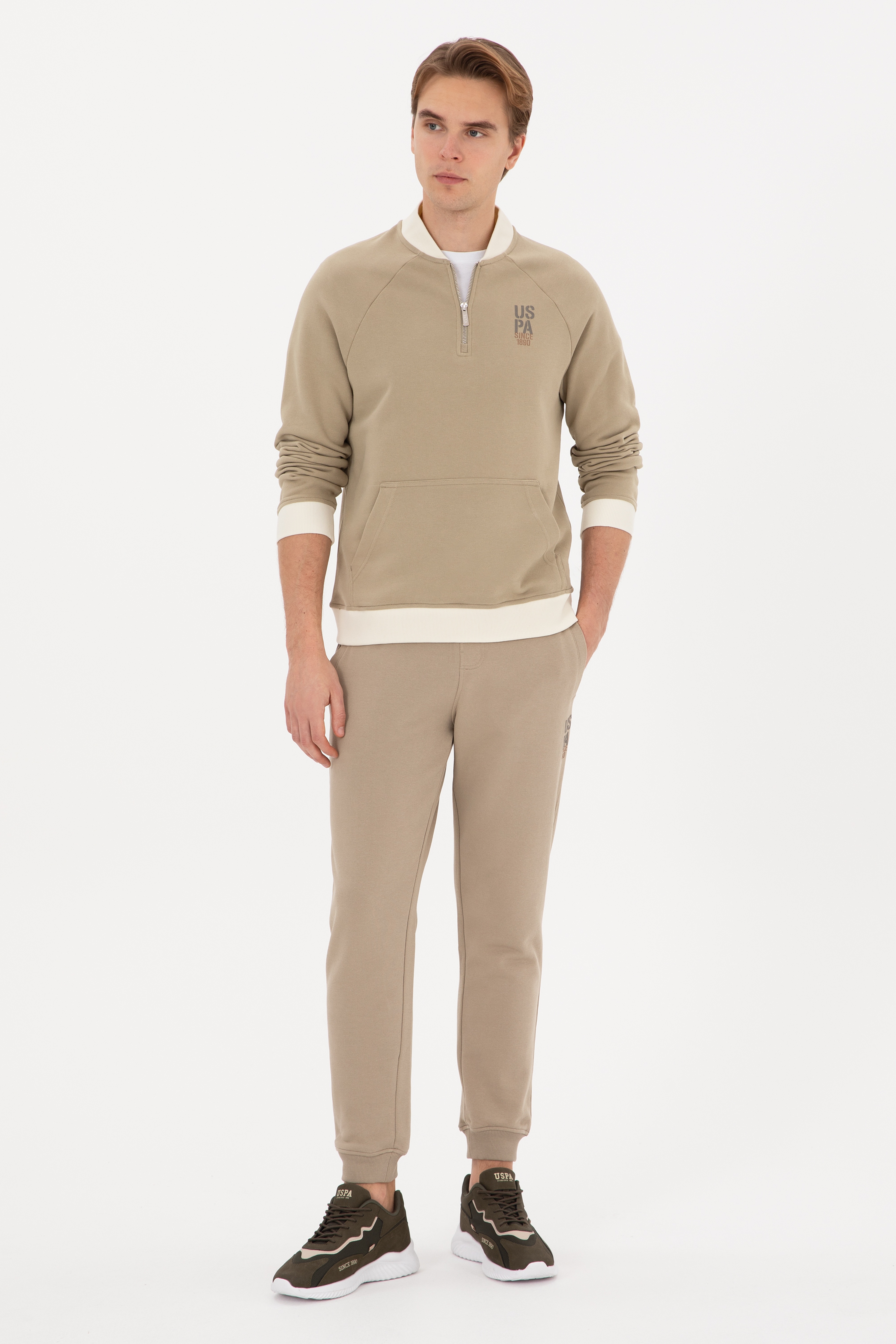 Erkek Yarım Fermuarlı Comfort Fit Açık Haki Basic Sweatshirt