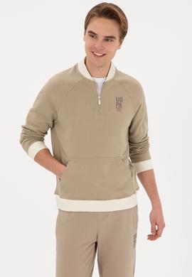 Erkek Yarım Fermuarlı Comfort Fit Açık Haki Basic Sweatshirt - 50316303006