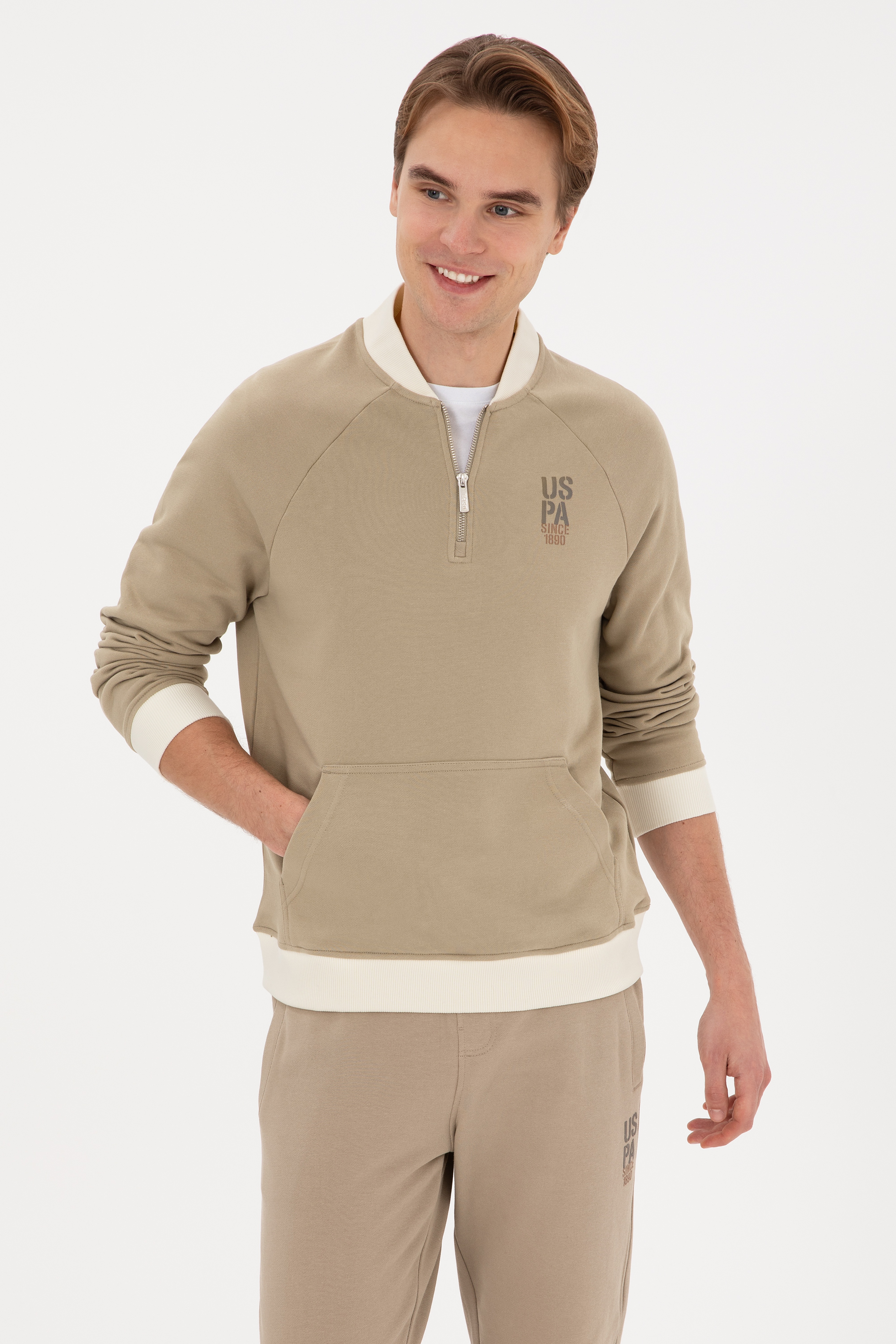 Erkek Yarım Fermuarlı Comfort Fit Açık Haki Basic Sweatshirt - Image 1