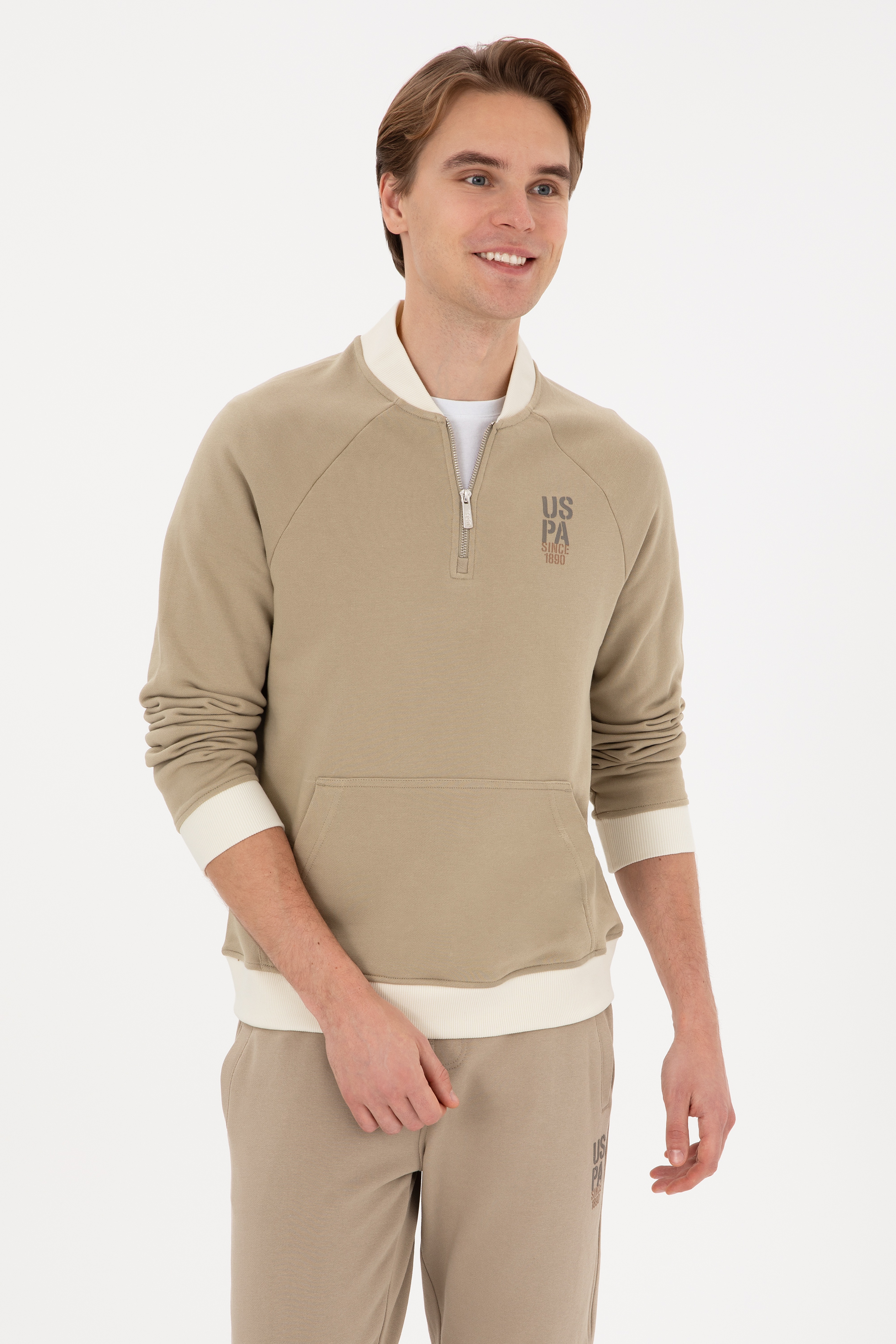 Erkek Yarım Fermuarlı Comfort Fit Açık Haki Basic Sweatshirt - Image 3