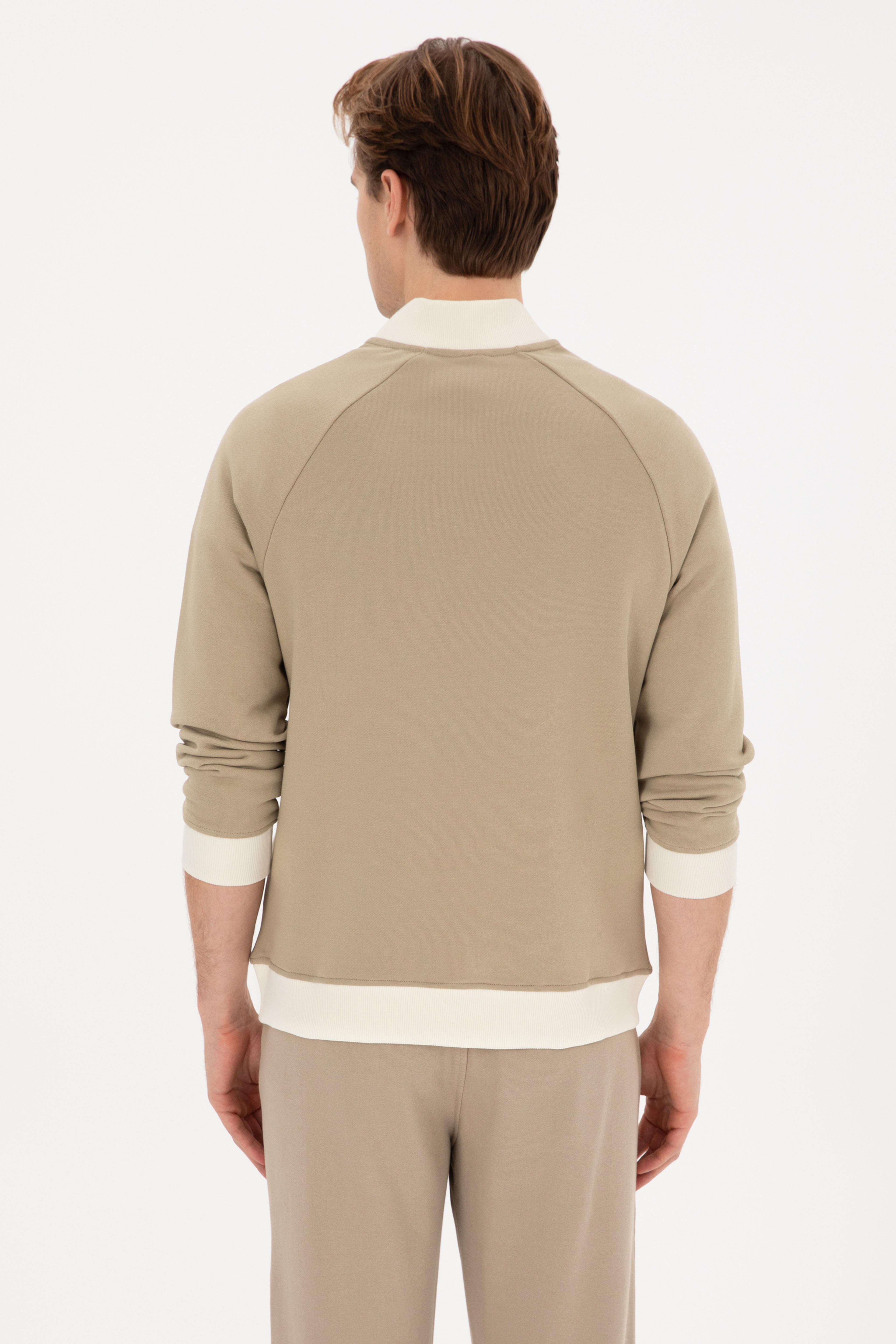 Erkek Yarım Fermuarlı Comfort Fit Açık Haki Basic Sweatshirt
