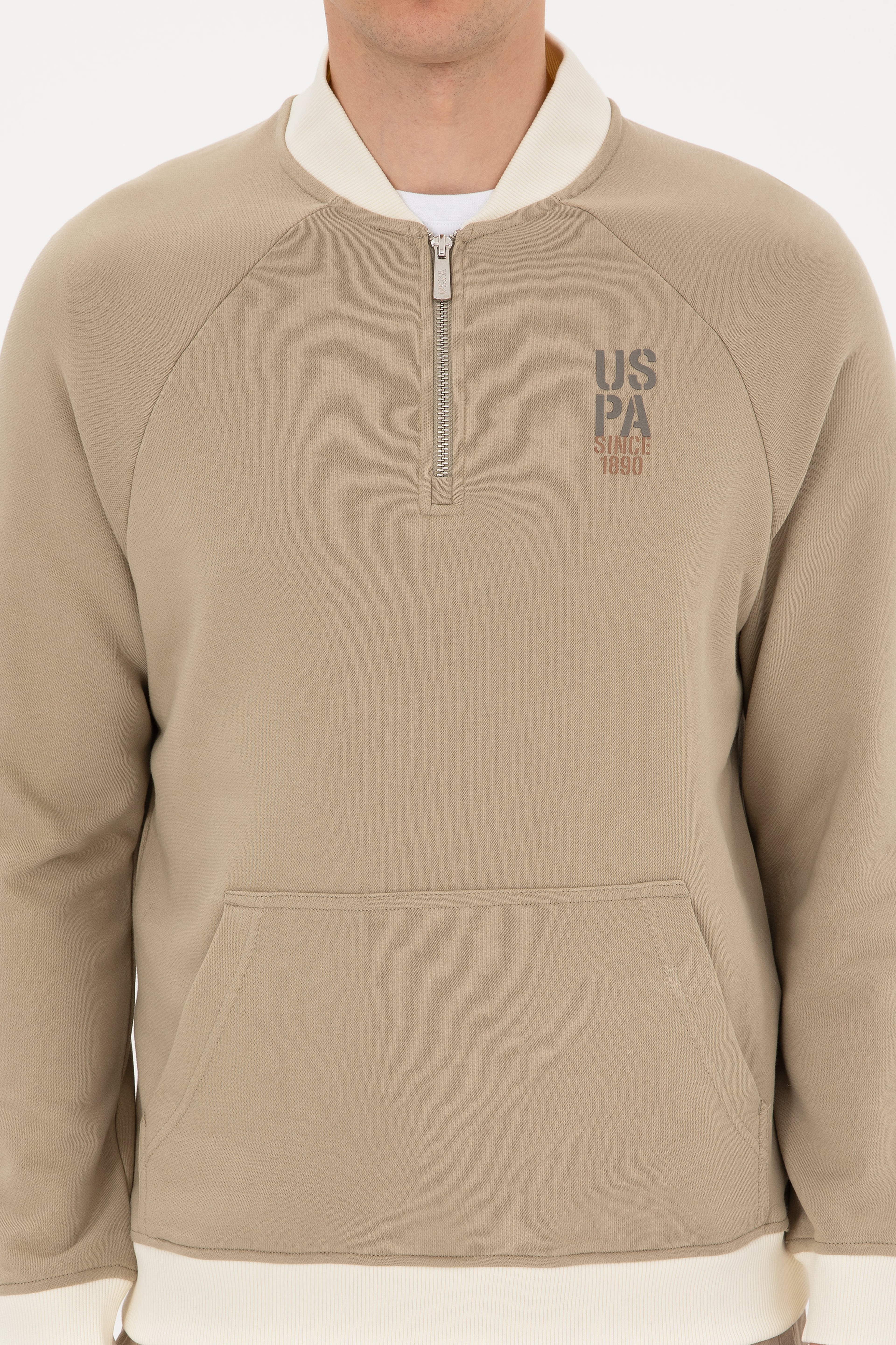 Erkek Yarım Fermuarlı Comfort Fit Açık Haki Basic Sweatshirt