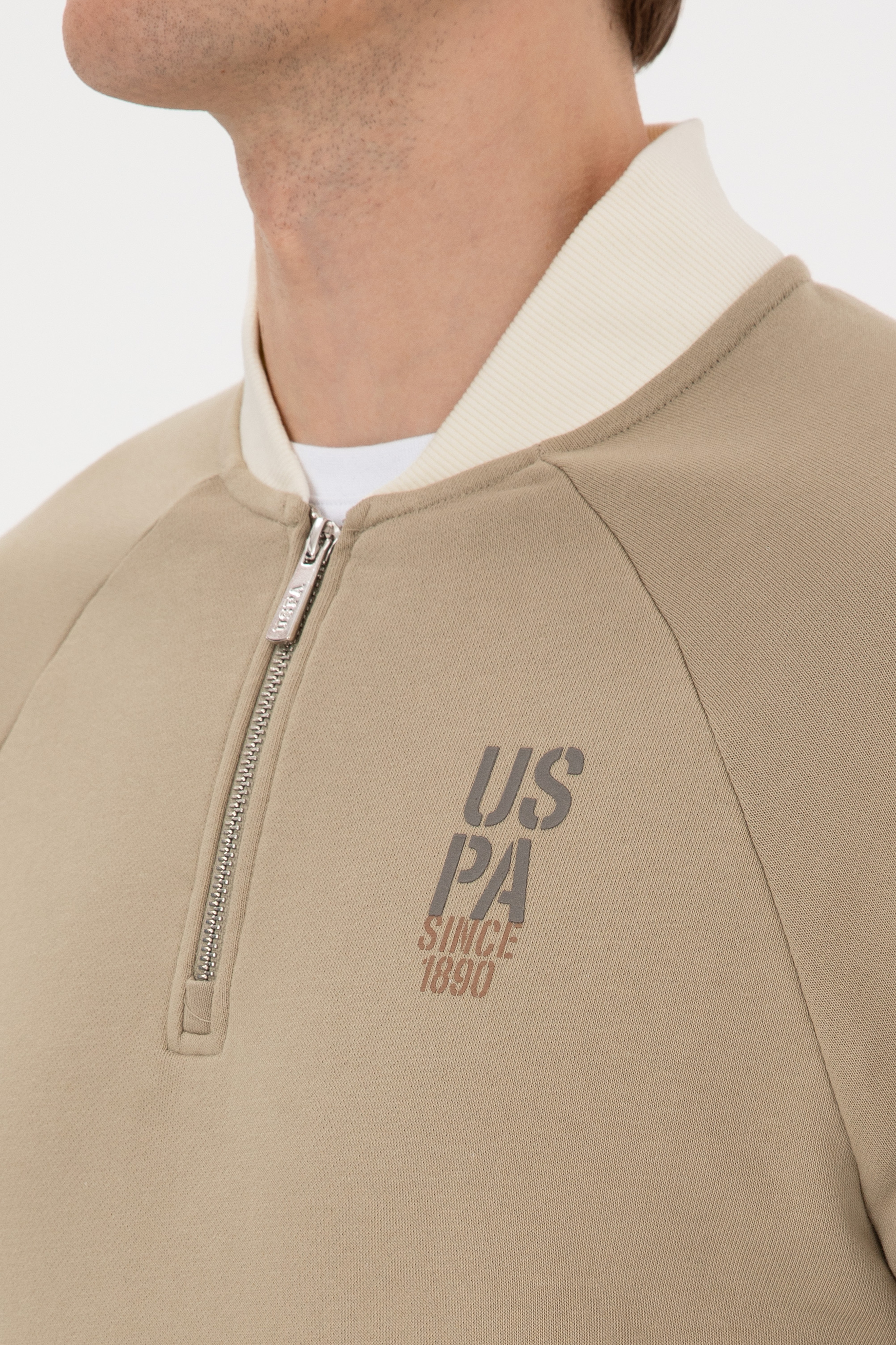 Erkek Yarım Fermuarlı Comfort Fit Açık Haki Basic Sweatshirt