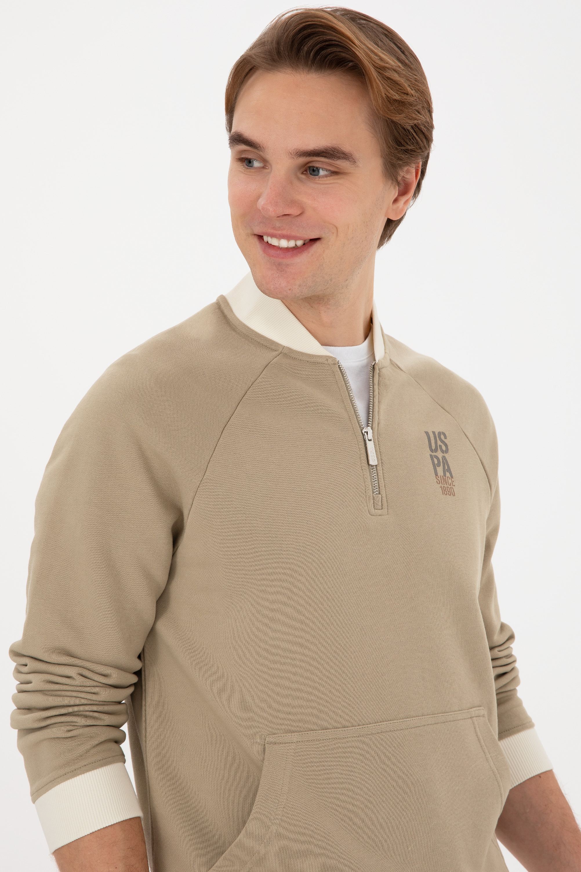 Erkek Yarım Fermuarlı Comfort Fit Açık Haki Basic Sweatshirt