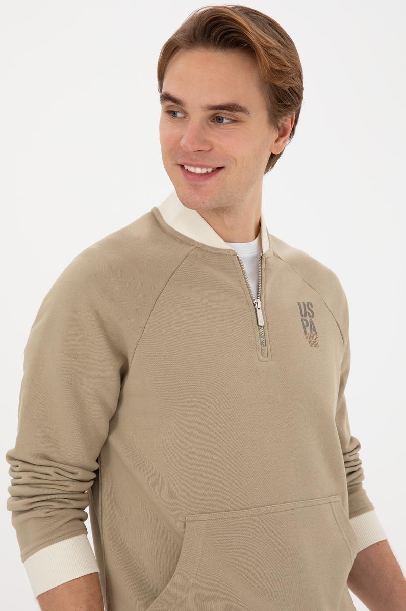 Erkek Yarım Fermuarlı Comfort Fit Açık Haki Basic Sweatshirt