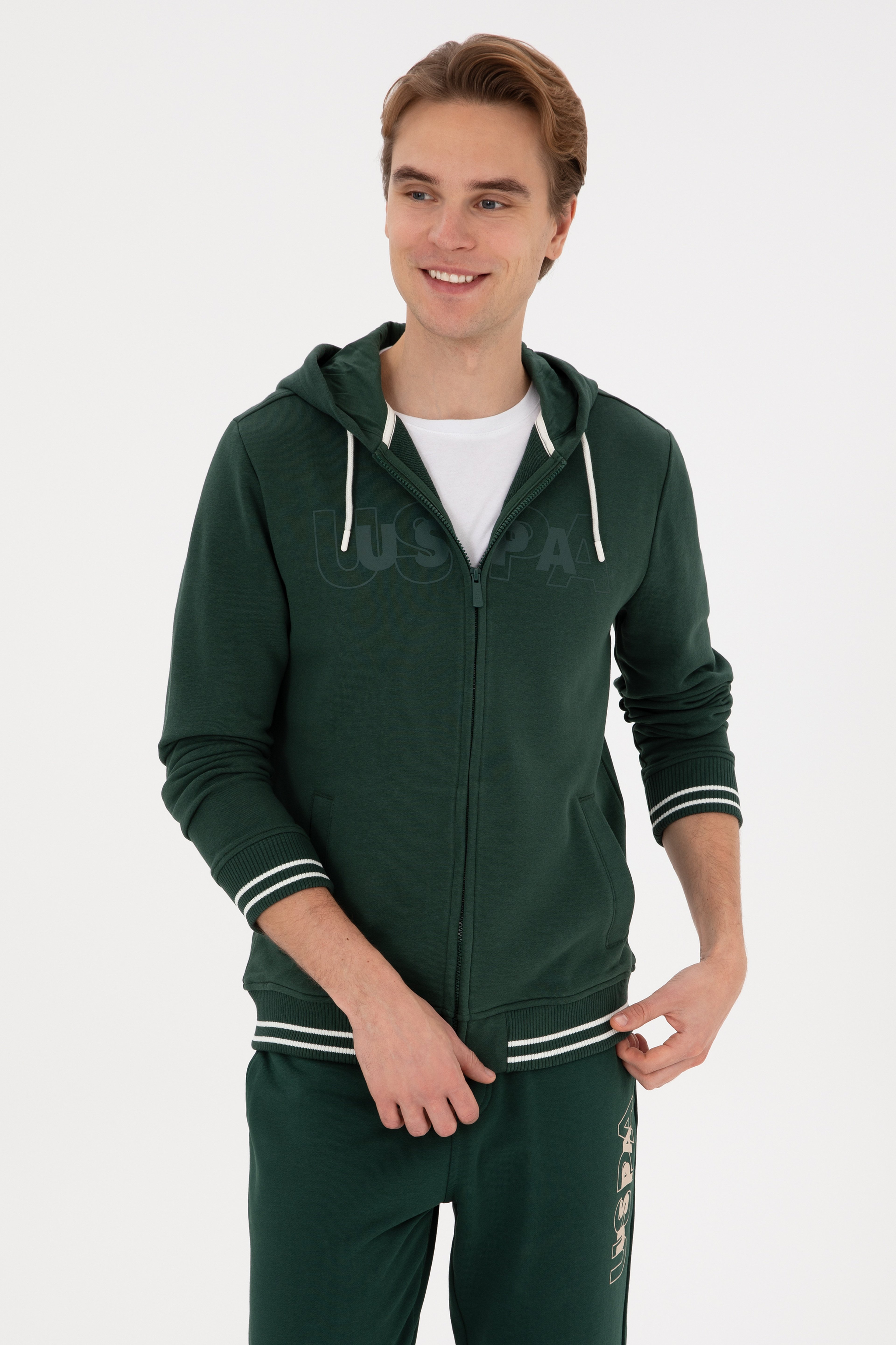 Erkek Regular Fit Fermuarlı Kapüşonlu Koyu Yeşil Örme Hırka - Image 3