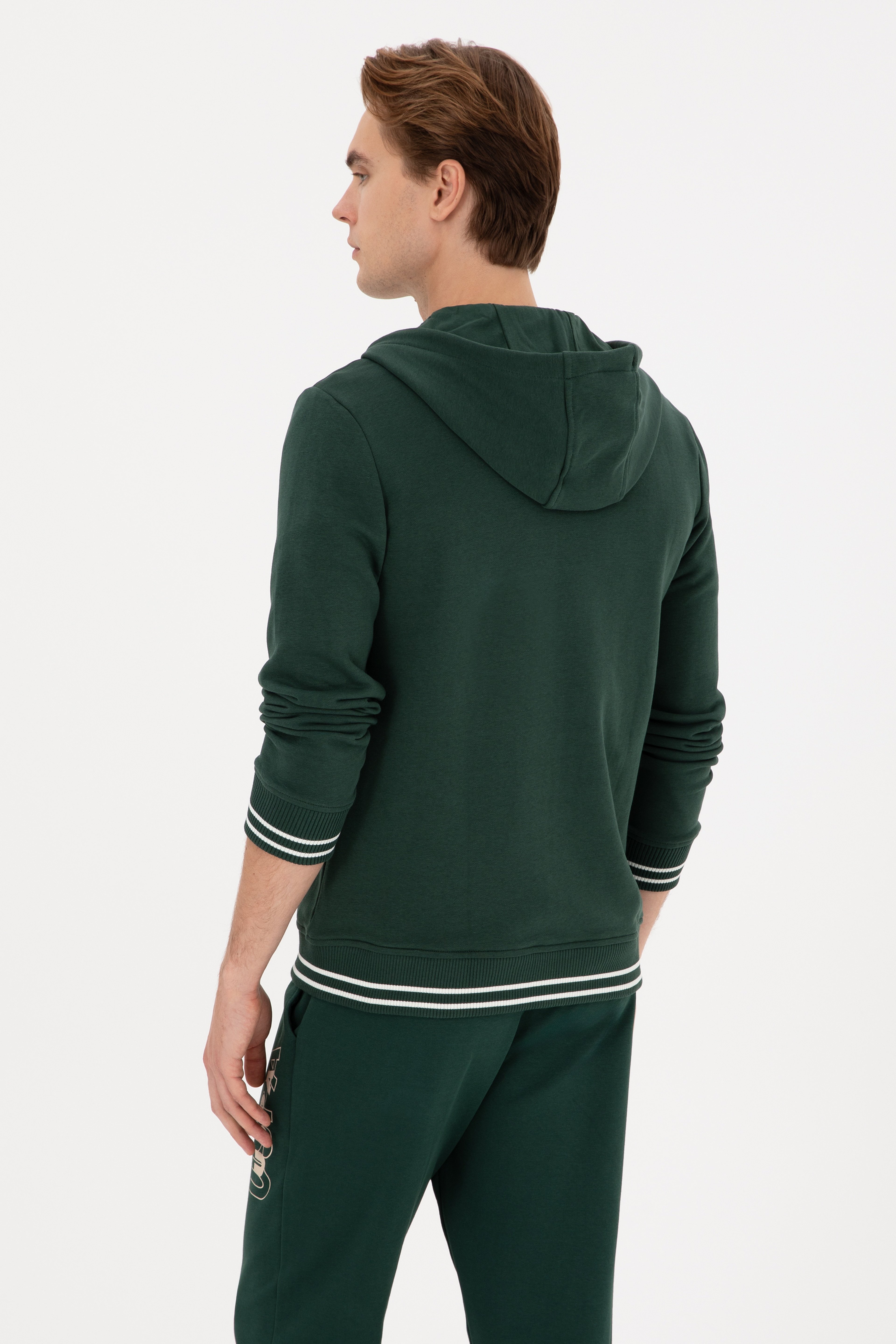 Erkek Regular Fit Fermuarlı Kapüşonlu Koyu Yeşil Örme Hırka - Image 5