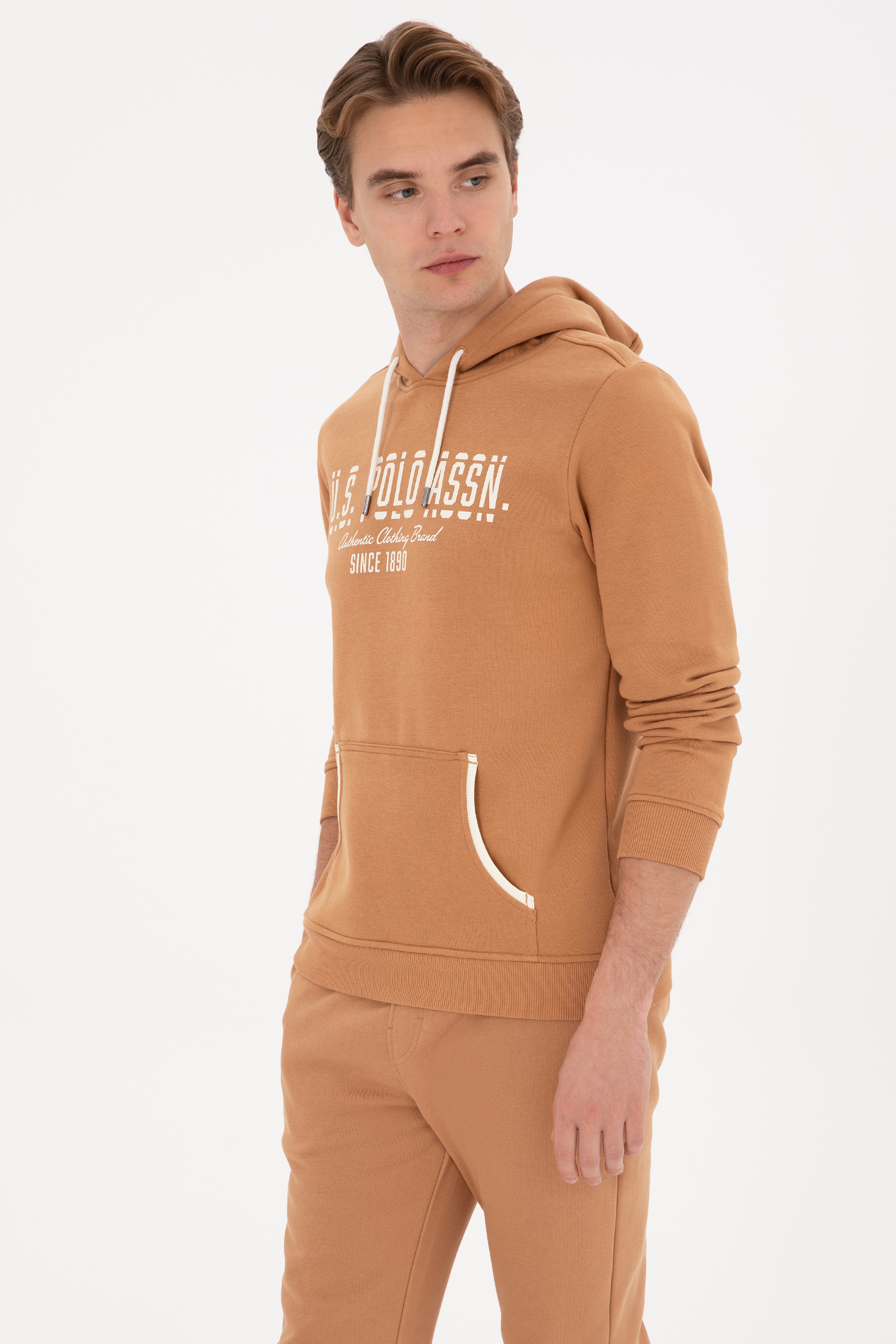 Erkek Regular Fit Kapüşonlu Camel Sweatshirt - Image 3