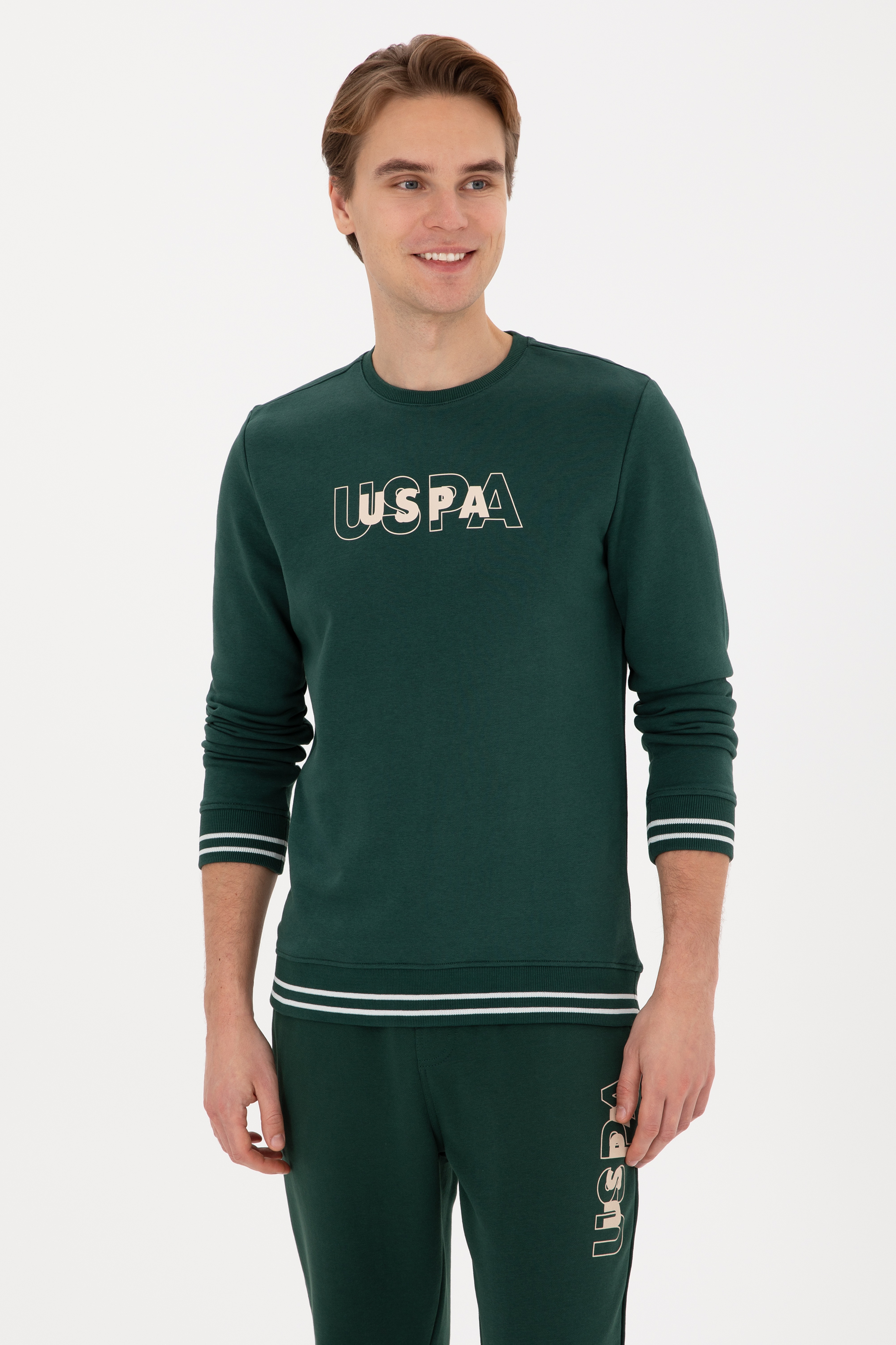 Erkek Regular Fit Bisiklet Yaka Koyu Yeşil Sweatshirt