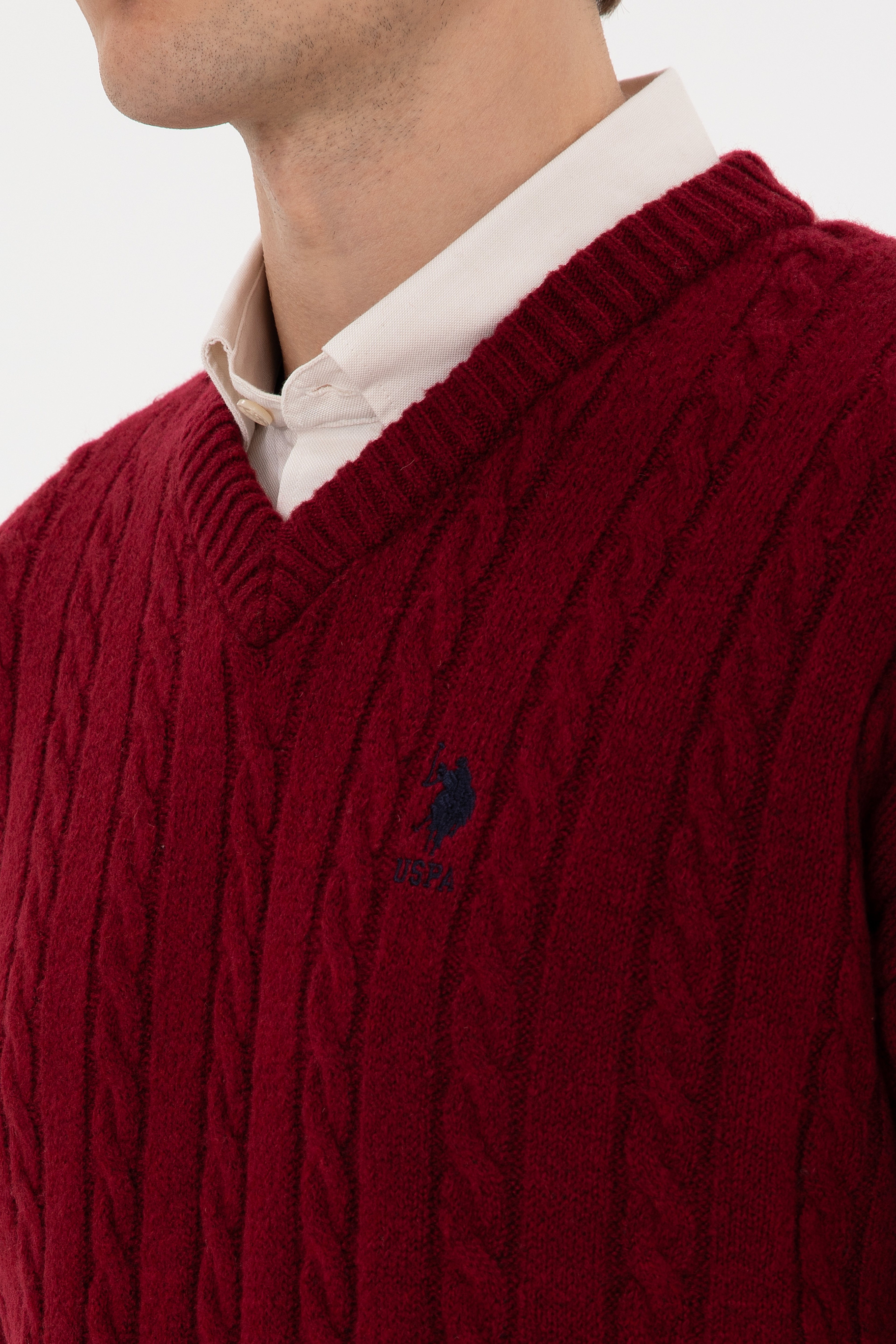 Erkek Bordo Comfort Fit V Yaka Kazak