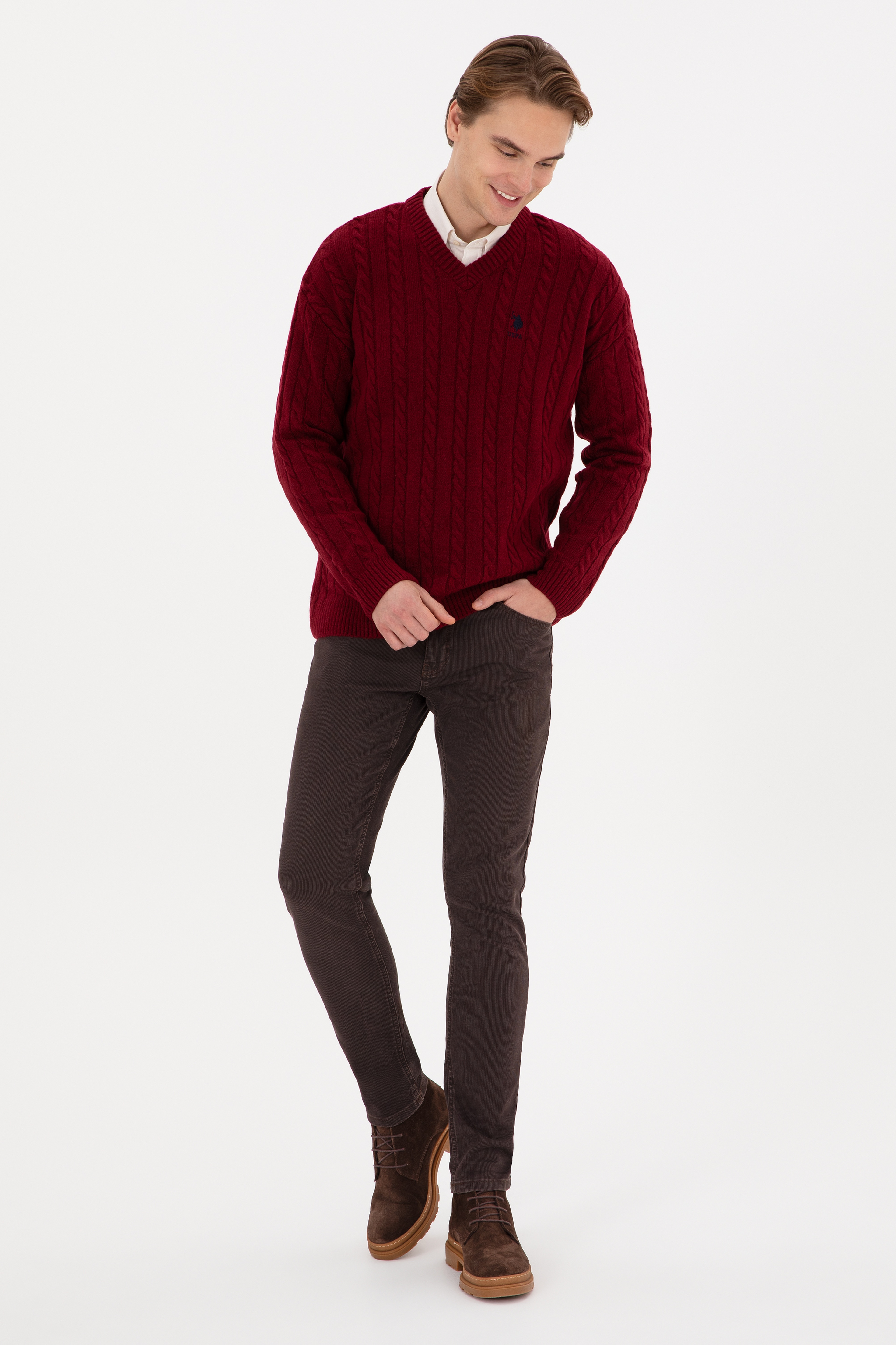 Erkek Bordo Comfort Fit V Yaka Kazak
